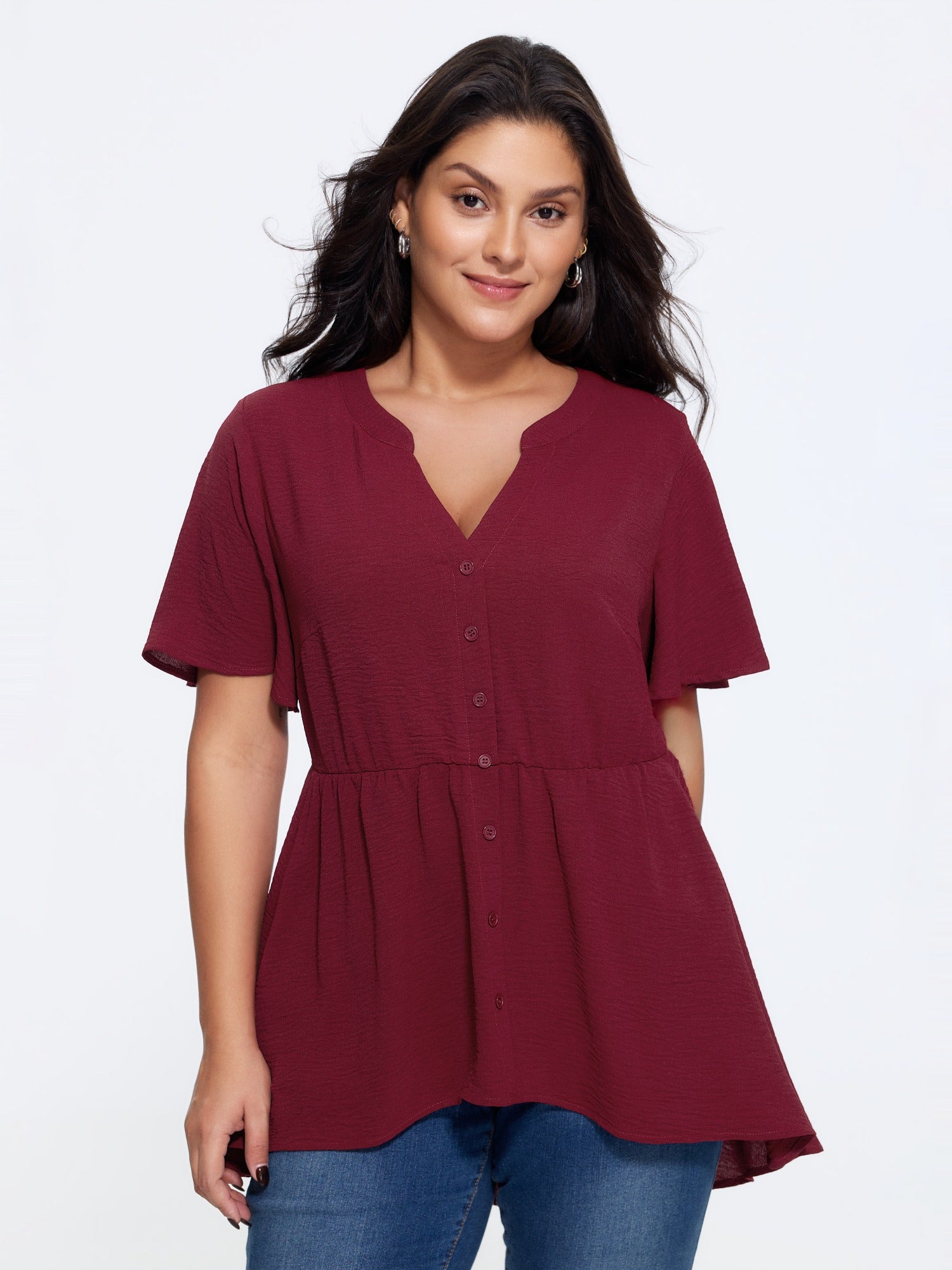 Solid V Neck Ruffle Sleeve Babydoll Blouse