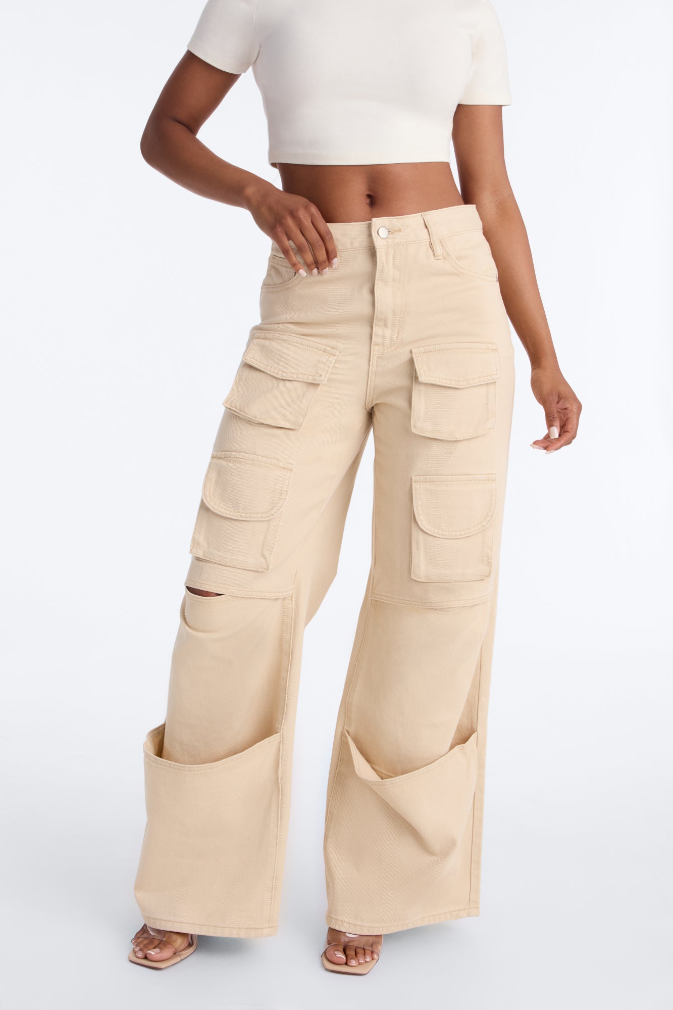 Trenton High Rise Cargo Wide Leg Jeans - Khaki