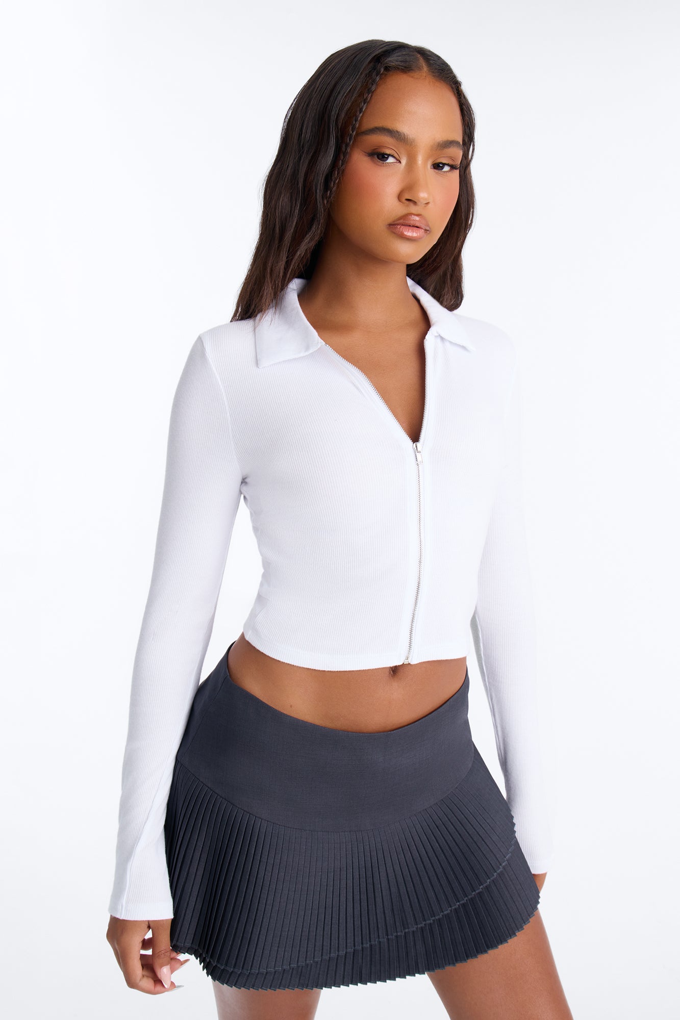 Jessica Collared Full Zipped Rib Long Sleeve Top - White