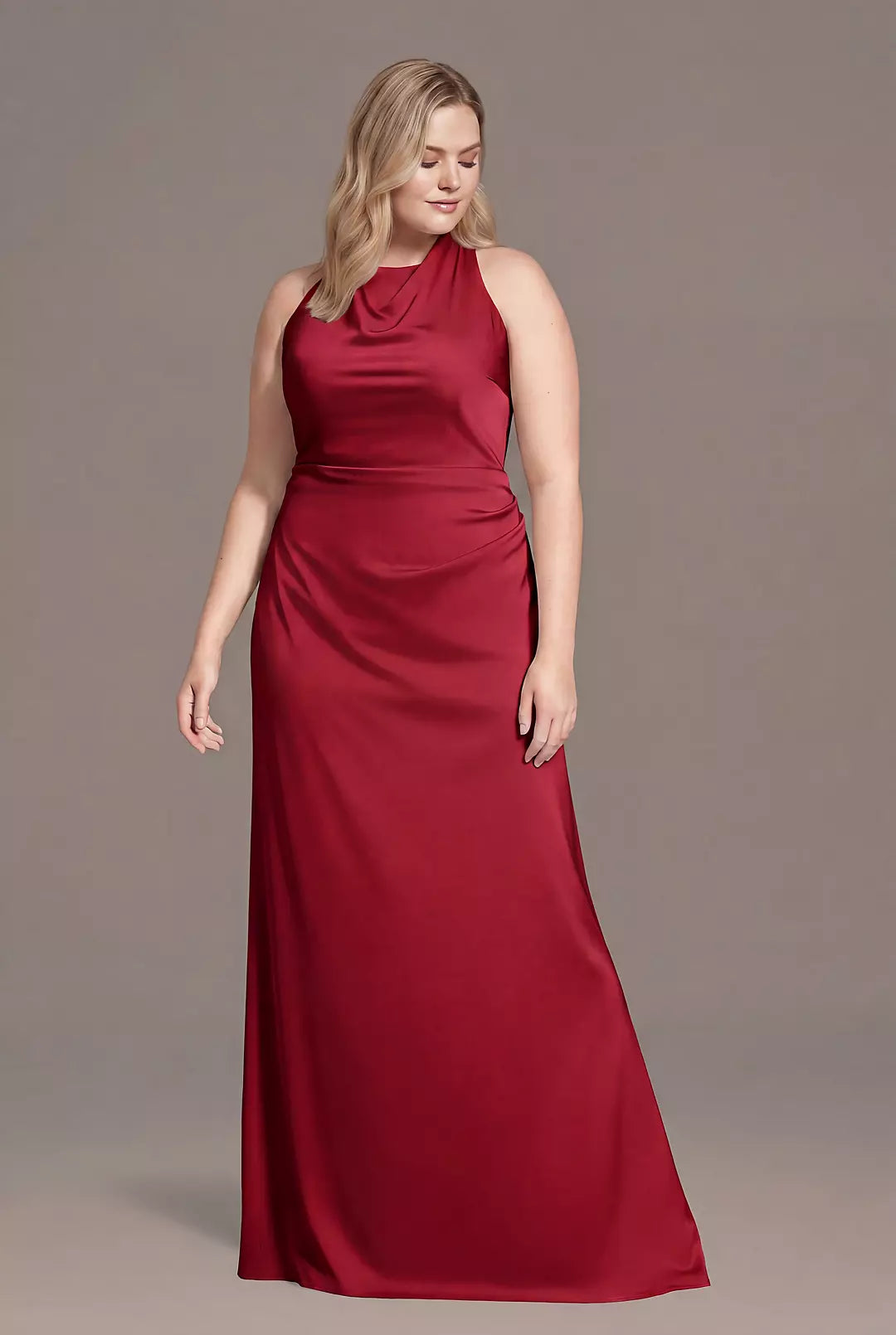 Matte Satin High Neck Low Back Sheath Dress