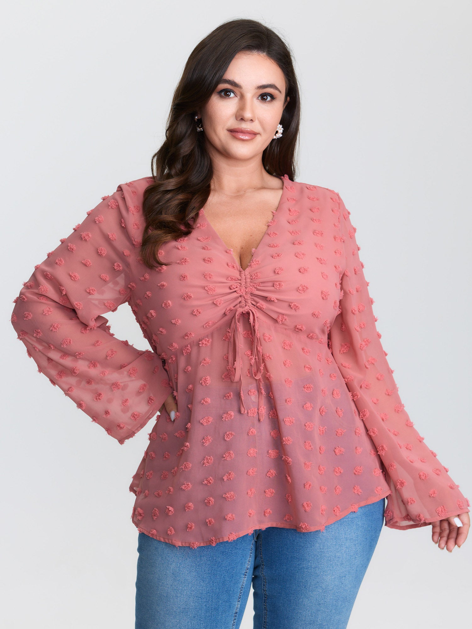 Textured Ruched Bodice Flared Blouse