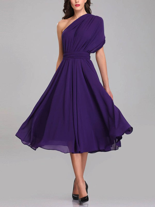 Fashionable A-Line One Shoulder Chiffon Tea-Length Bridesmaid Dresses with Sash
