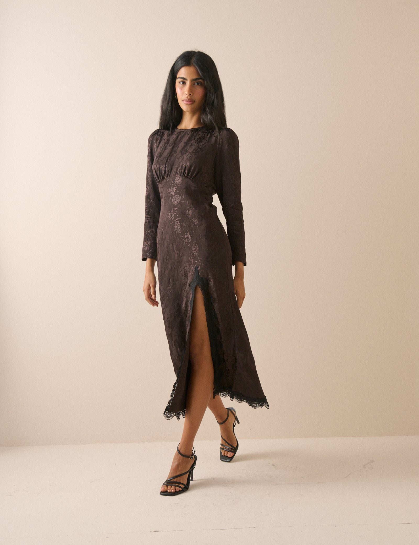 Brown Jacquard Floral Long Sleeve Jamie Midi Dress