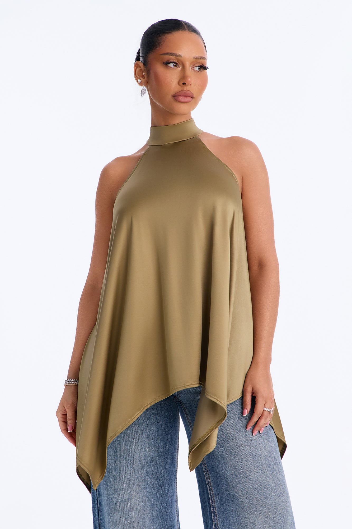 After The Toast Draped Mock Neck Halter Top - Olive