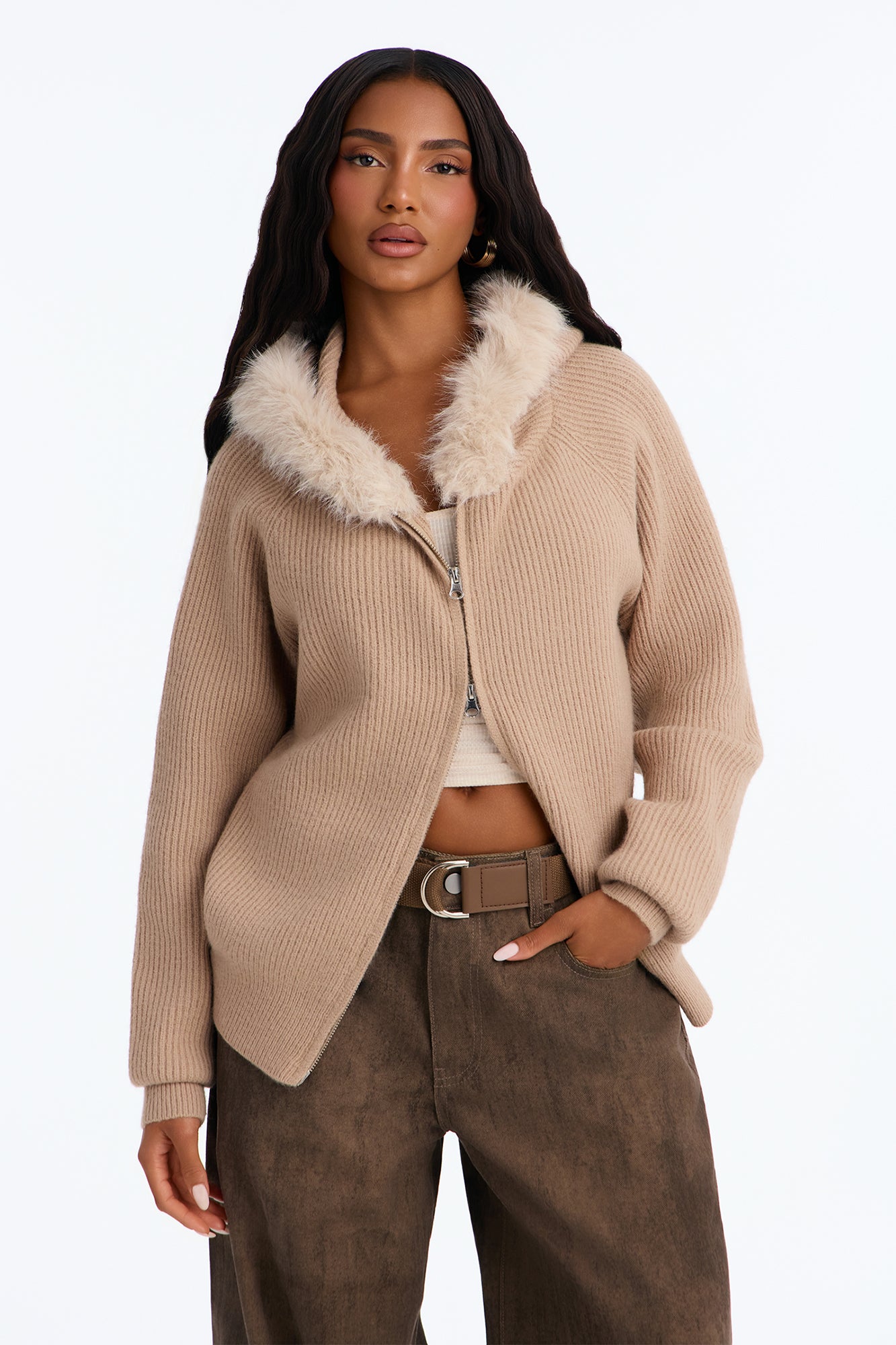 Coldest One Here Hooded Faux Fur Sweater - Taupe