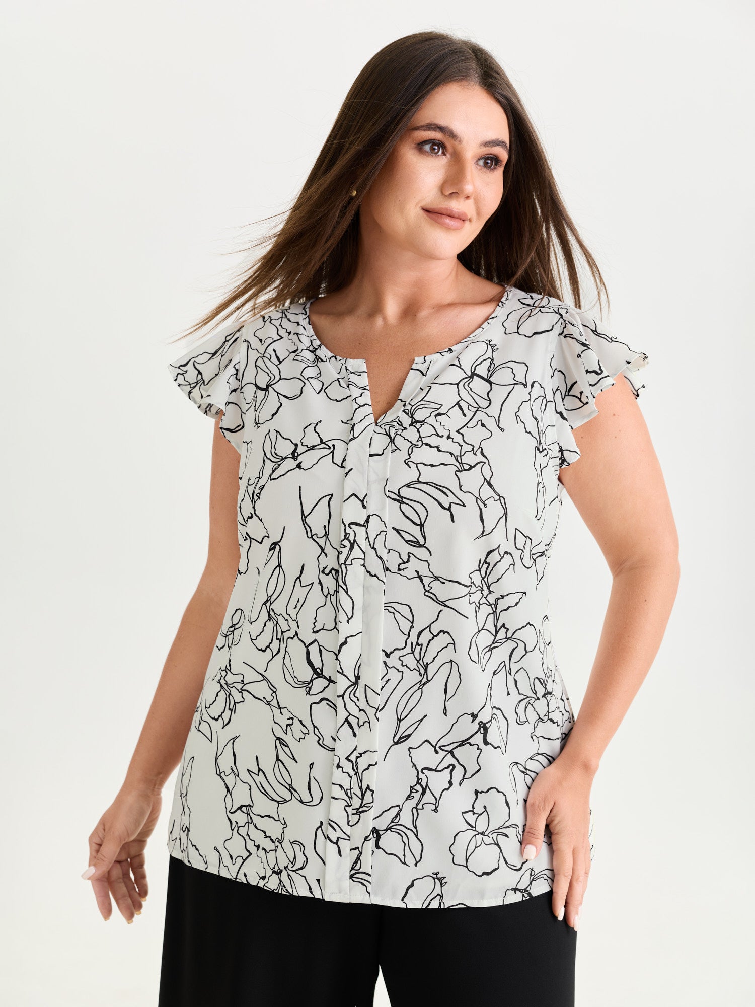 Floral Abstract Print Ruffled Sleeve Blouse