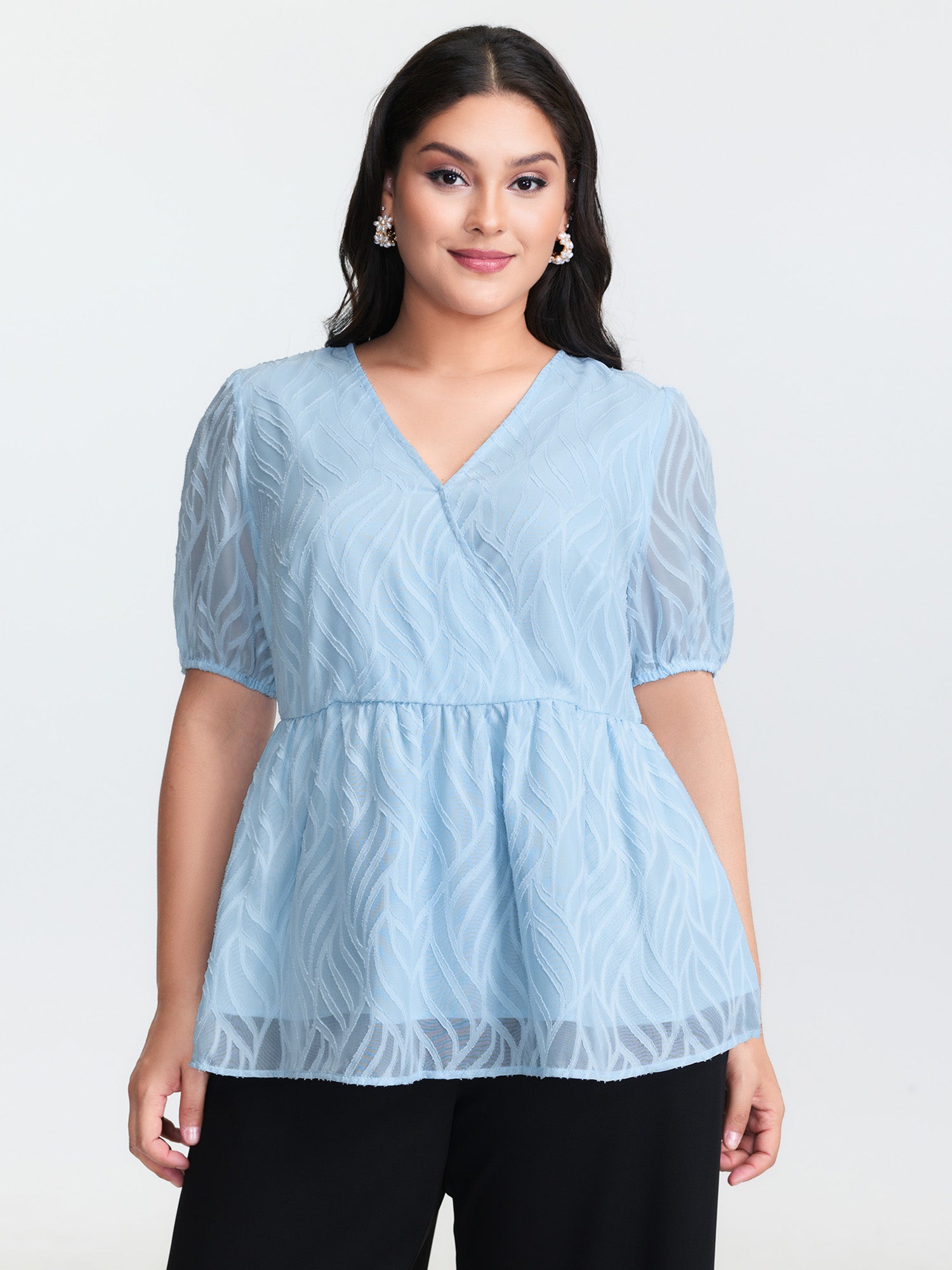 Floral Cut Fabric Stretchy Waist Flared Blouse