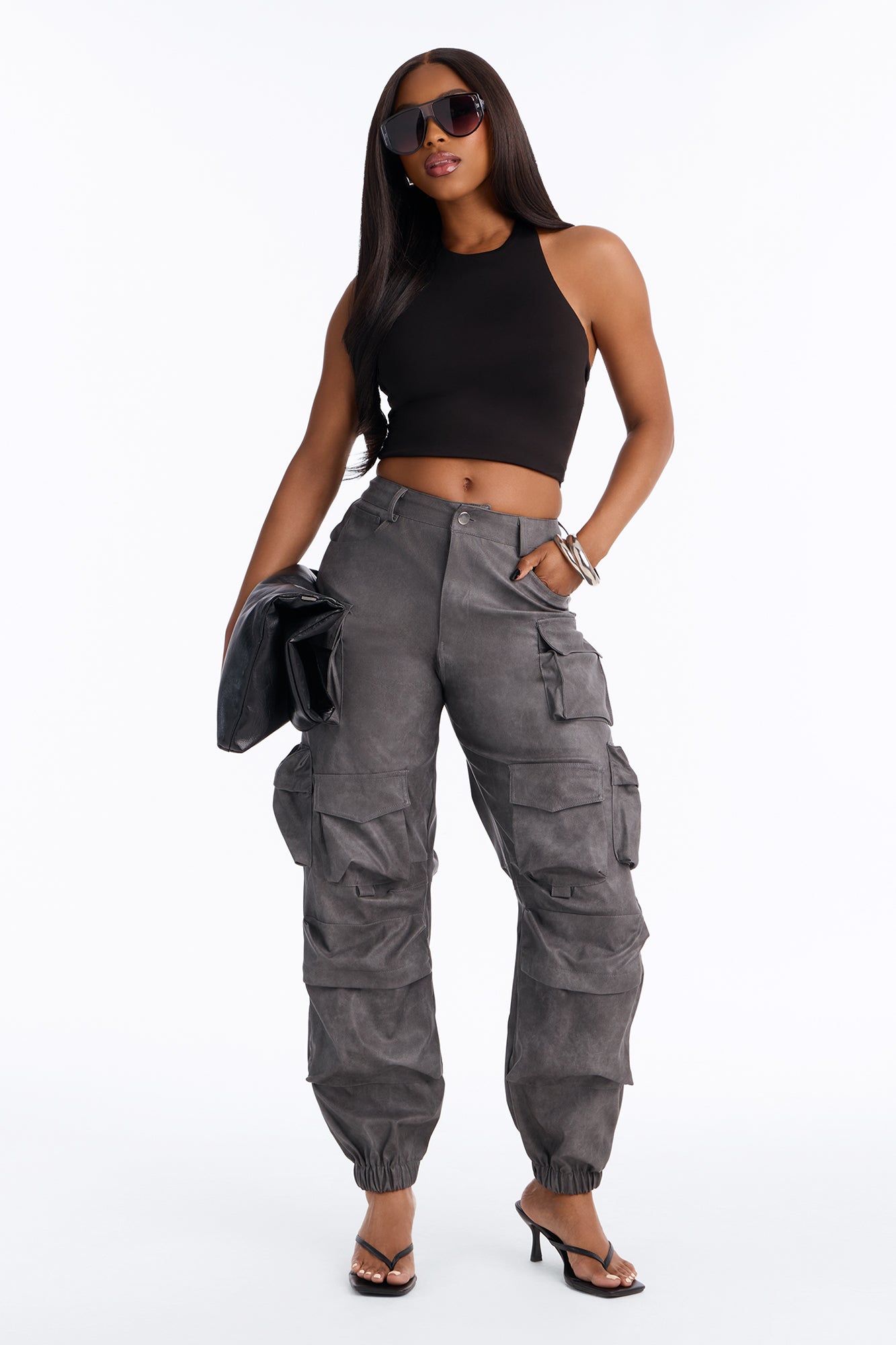Weekend Warrior Washed Faux Leather Cargo Jogger - Black
