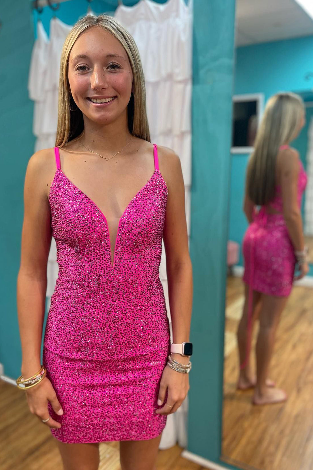 Sparkly Fuchsia Sequins Lace-Up Back Tight Short Homecoming Dress/Mini Dress