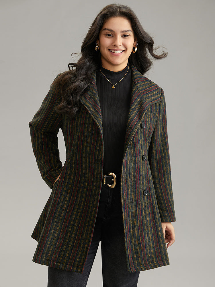 Bandana Striped Lapel Collar Belted Woolen Coat