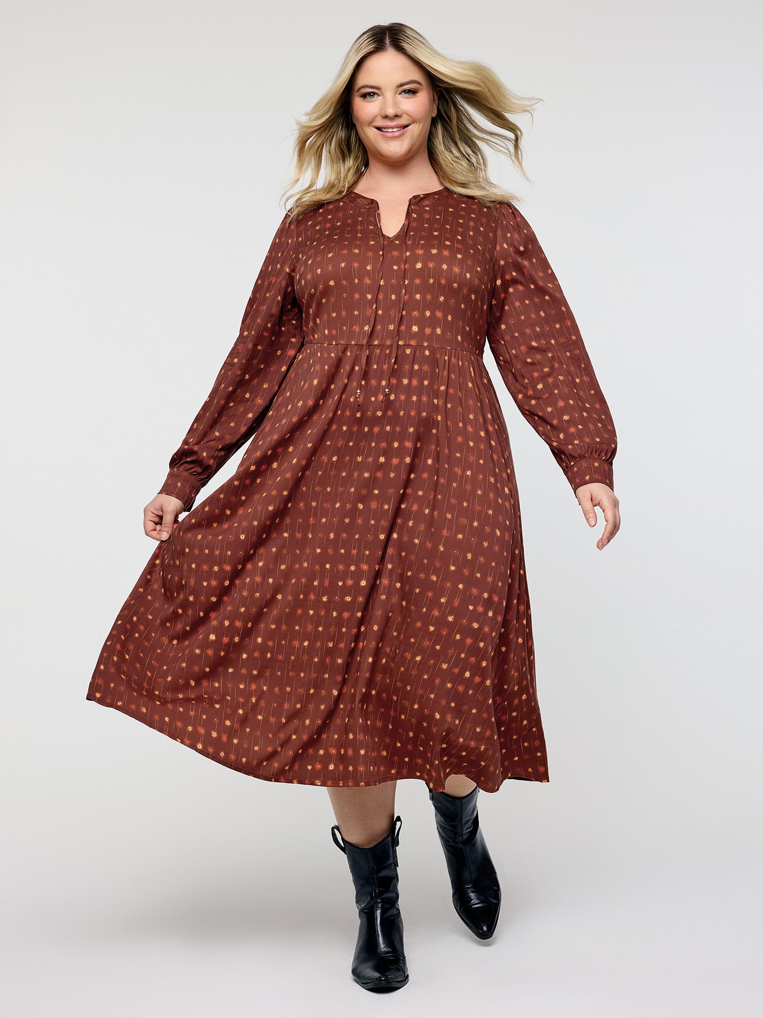 Geometric Print Neck-Tie Pockets Midi Dress