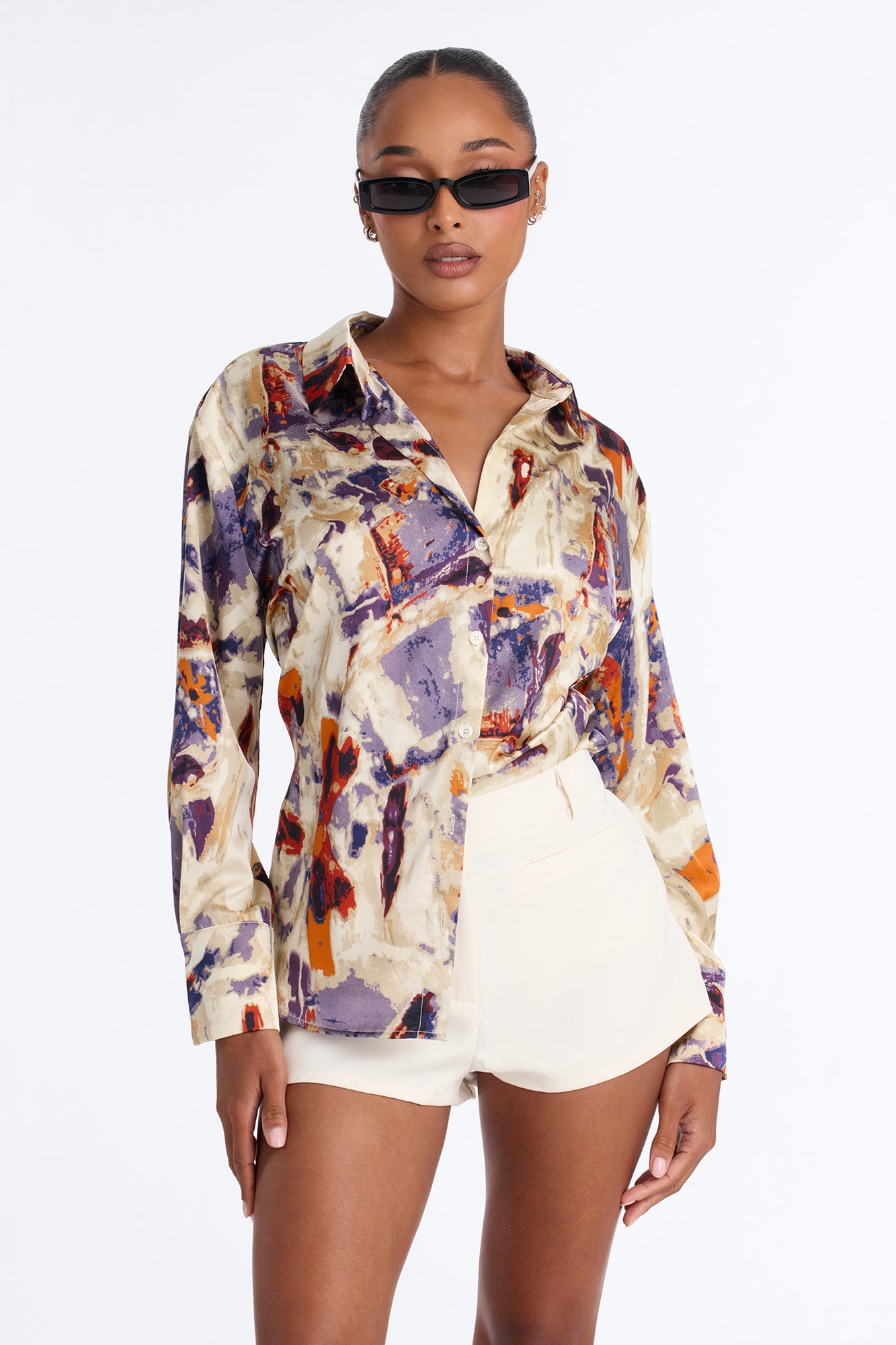 Office Duties Satin Shirt - Purple/combo