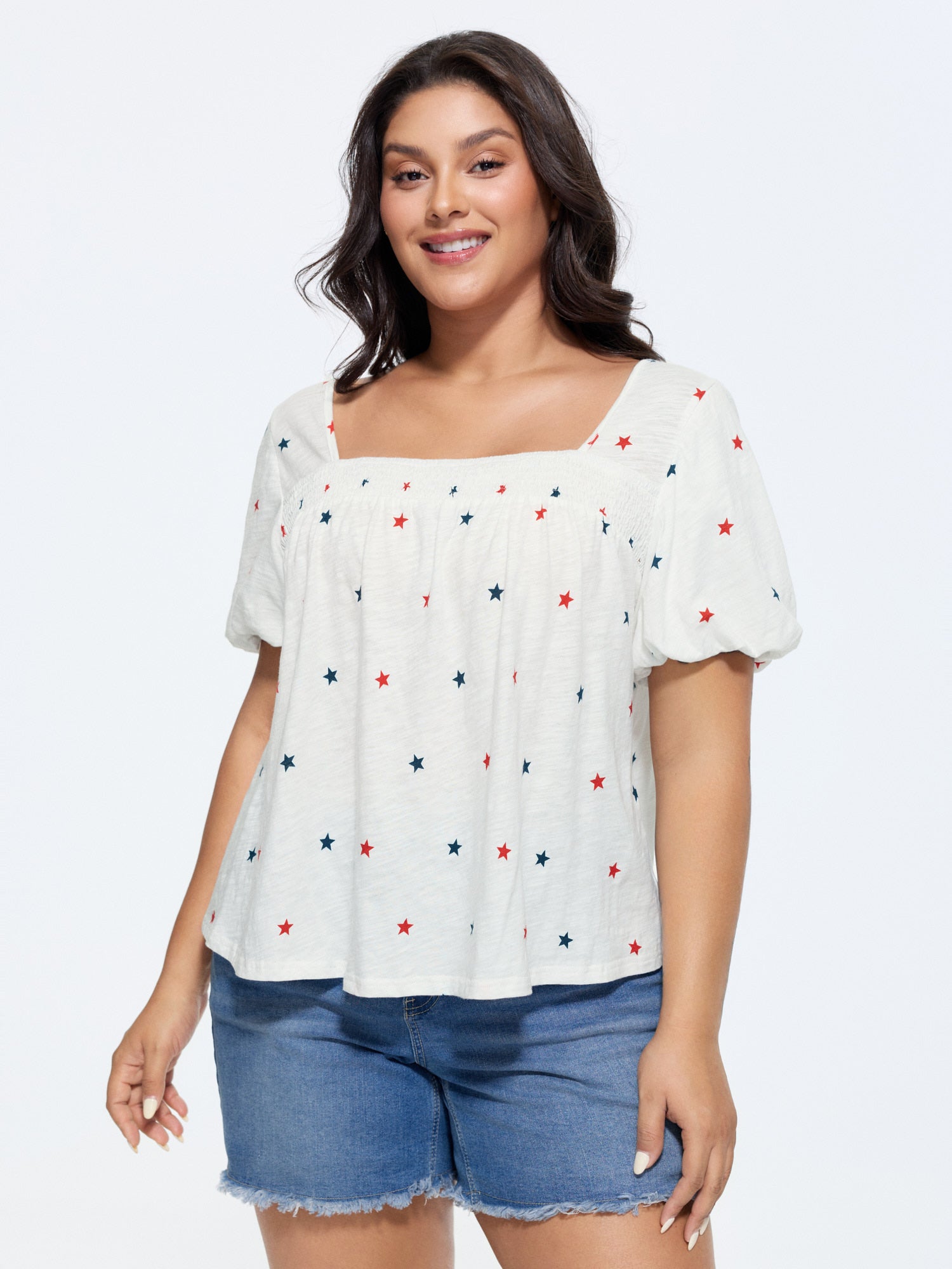 Cotton Shirred Neckline Star Print T-Shirt