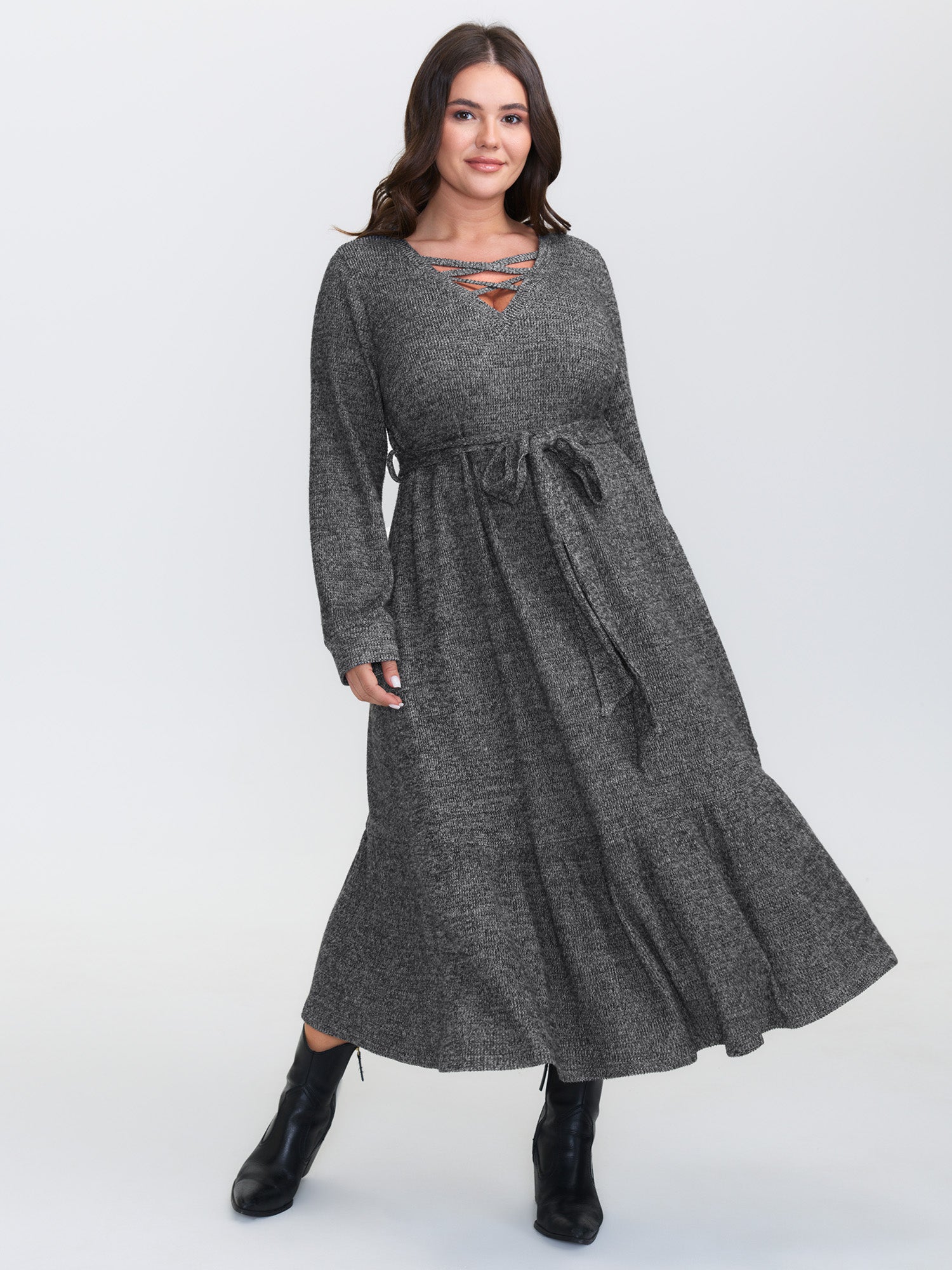 Textured Stretchy Neck Tie-Up Midi Dress