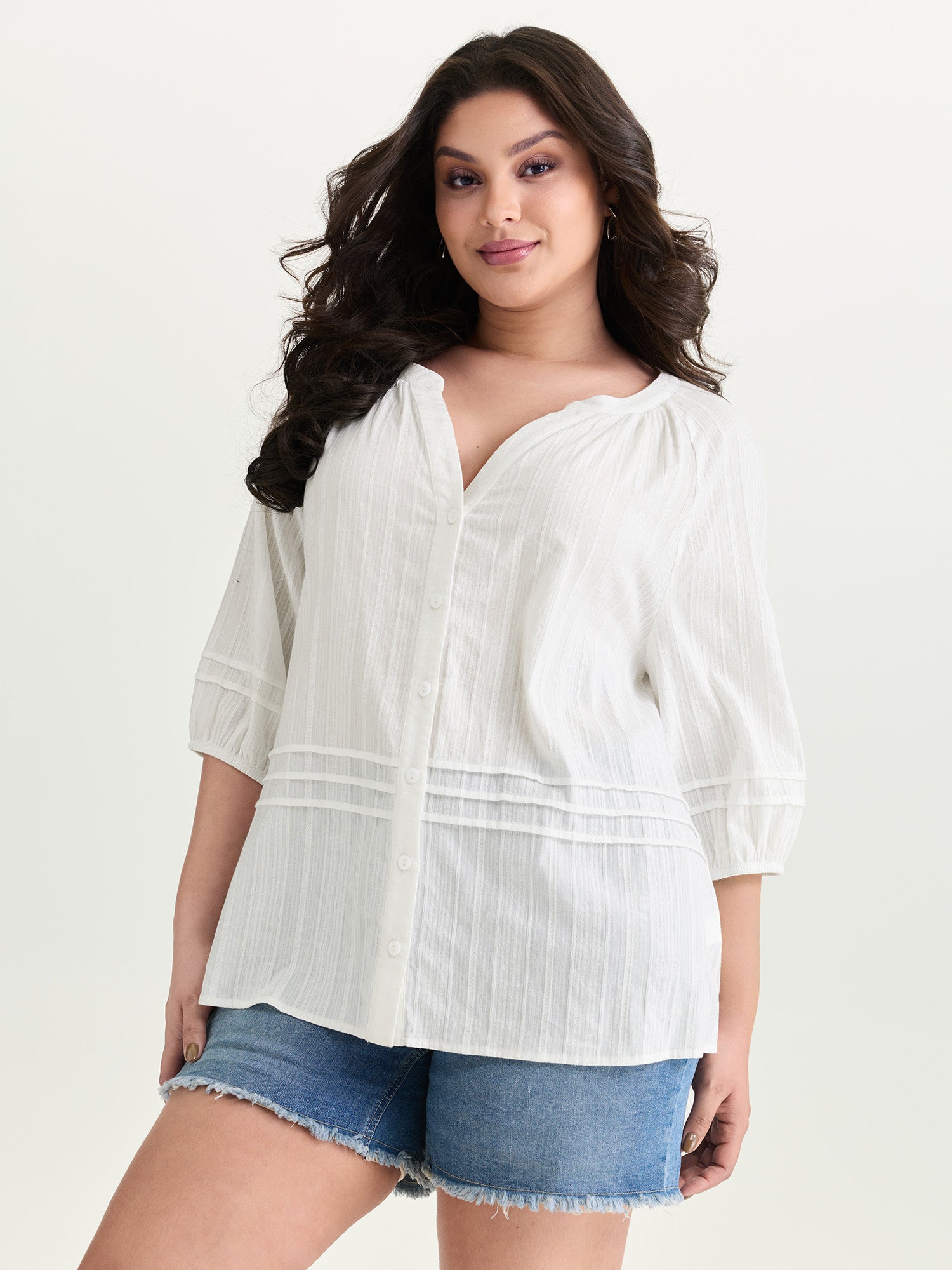Cotton Sheer V Neck Button Down Shirt
