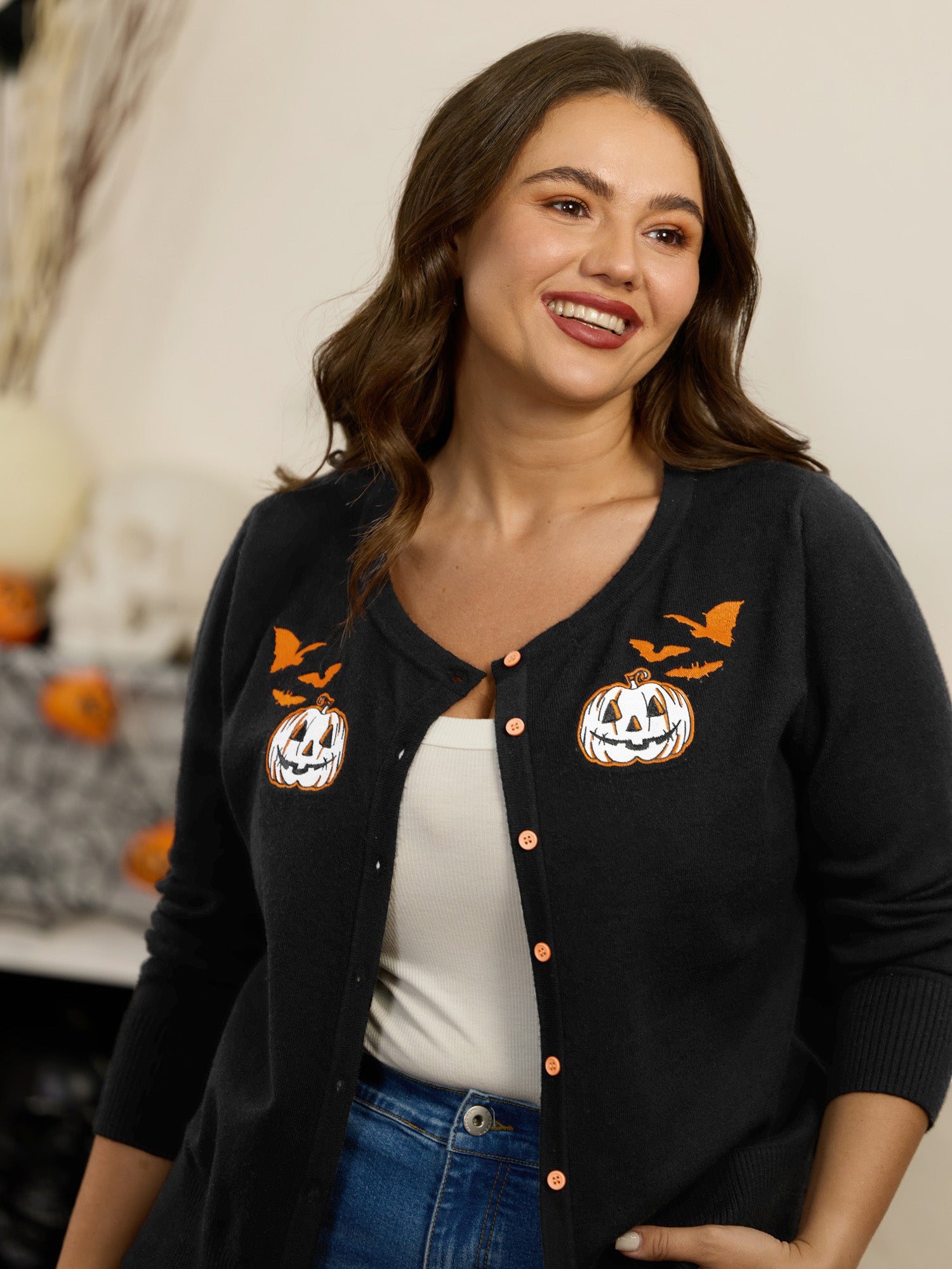 Halloween Pumpkin Bat Embroidery Button Front Cardigan