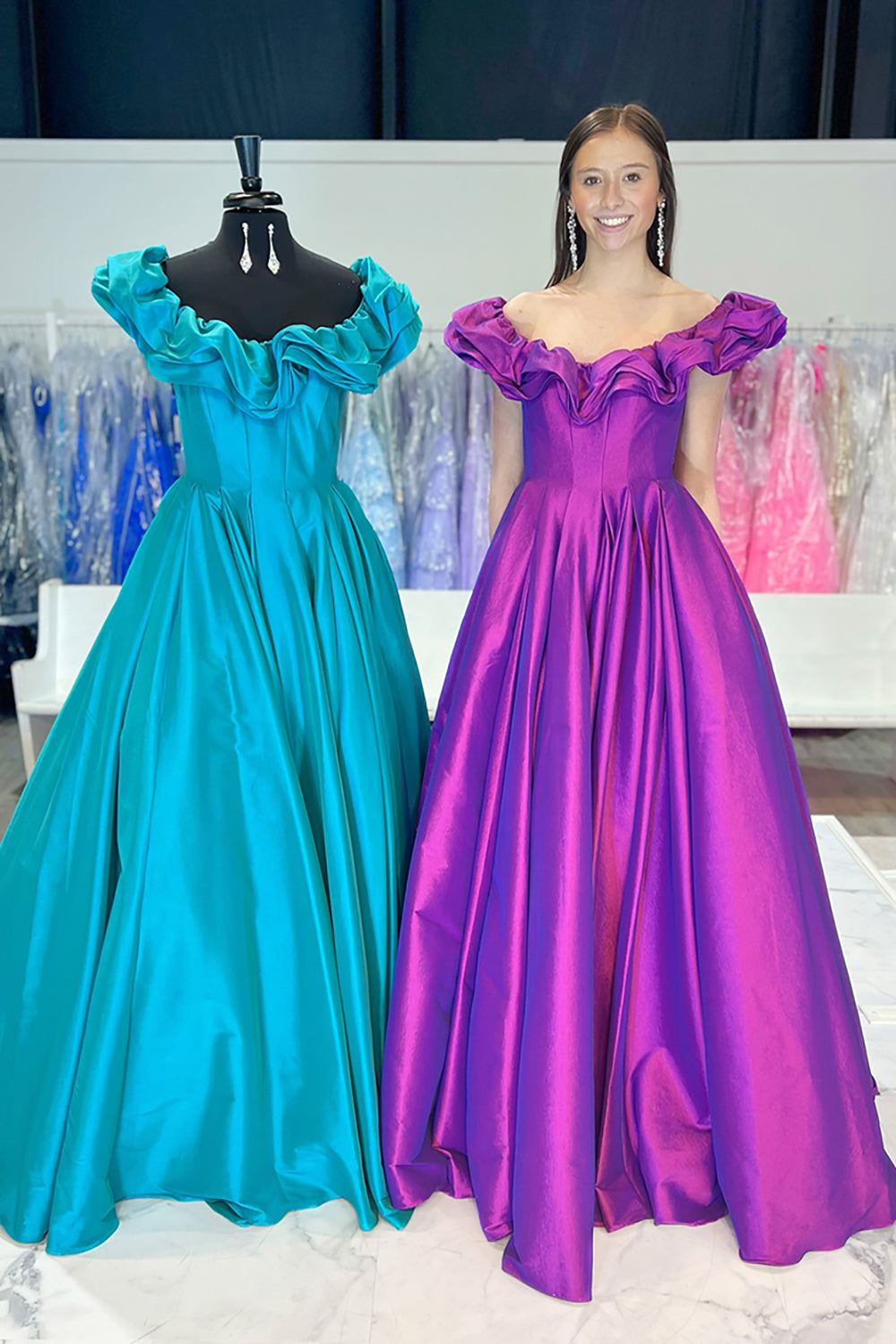 Long A-Line Satin Prom Dress in Purple with Off-Shoulder Ruffles