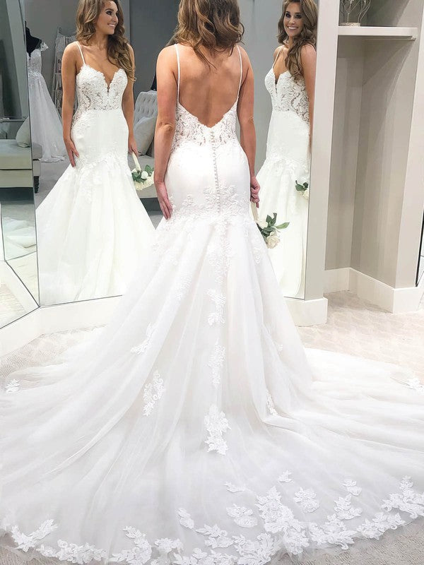 Gorgeous Mermaid V-Neck Backless Lace Tulle Court Train Wedding Dresses with Appliques