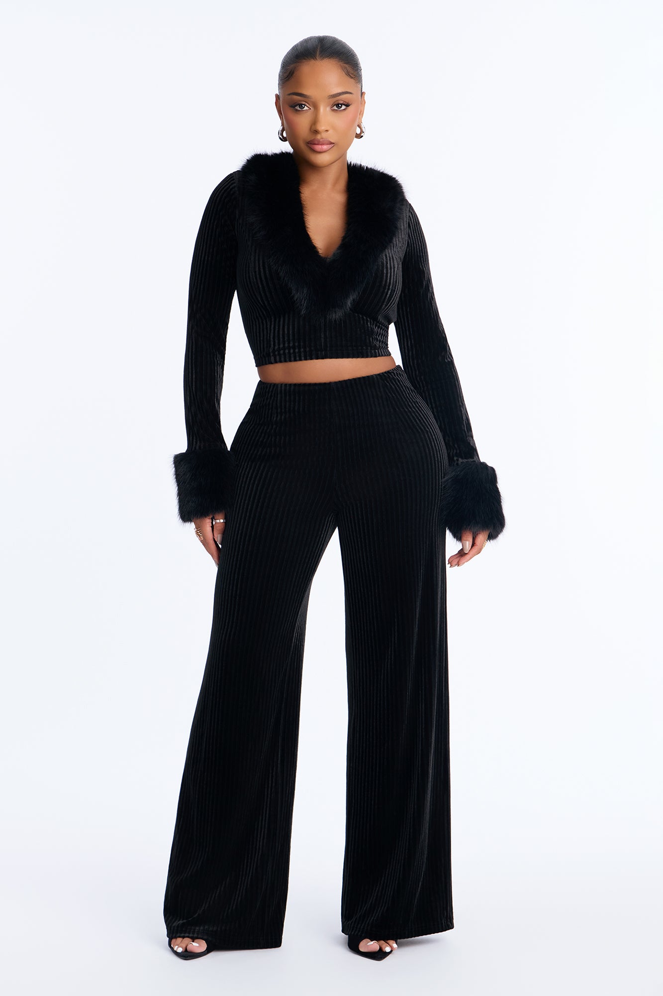 Noelle Velvet Fur Trim Pant Set - Black