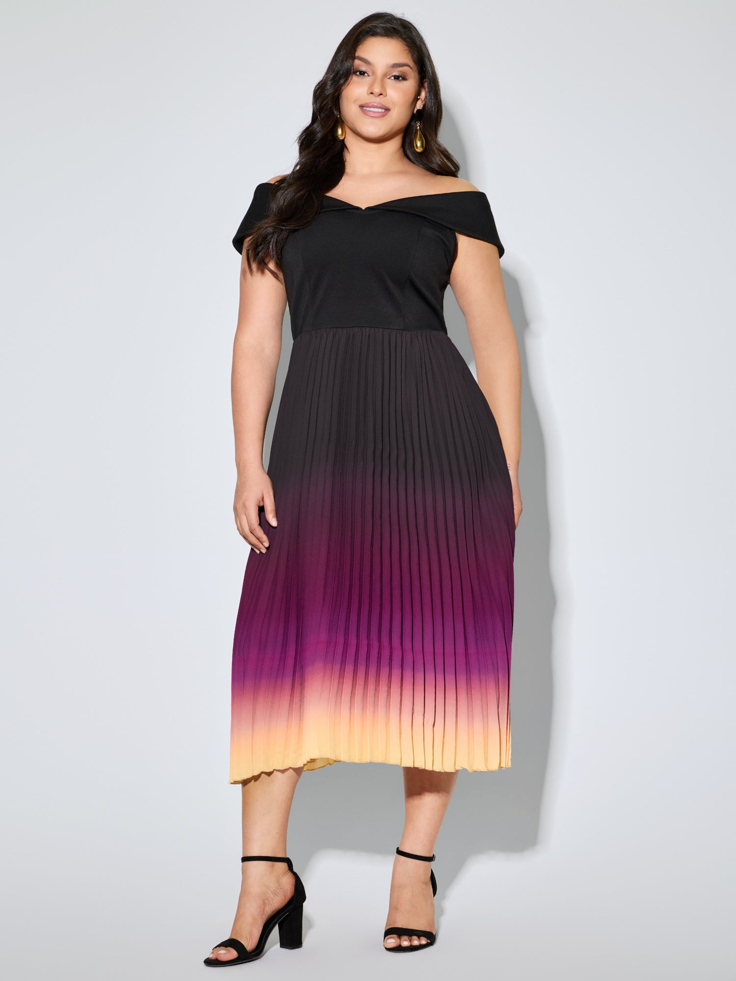 Ombre Gradient Pleated Off-Shoulder Midi Dress
