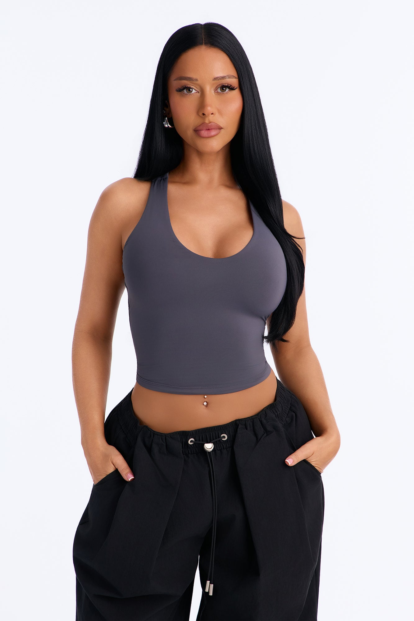Second Skin Double Lined U Neck Racerback Top - Charcoal
