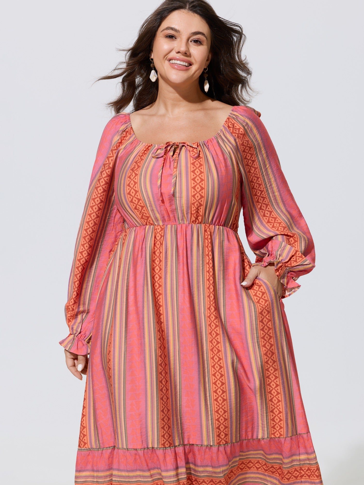 Boho Striped Tie Front Ruffle Hem Midi Dress