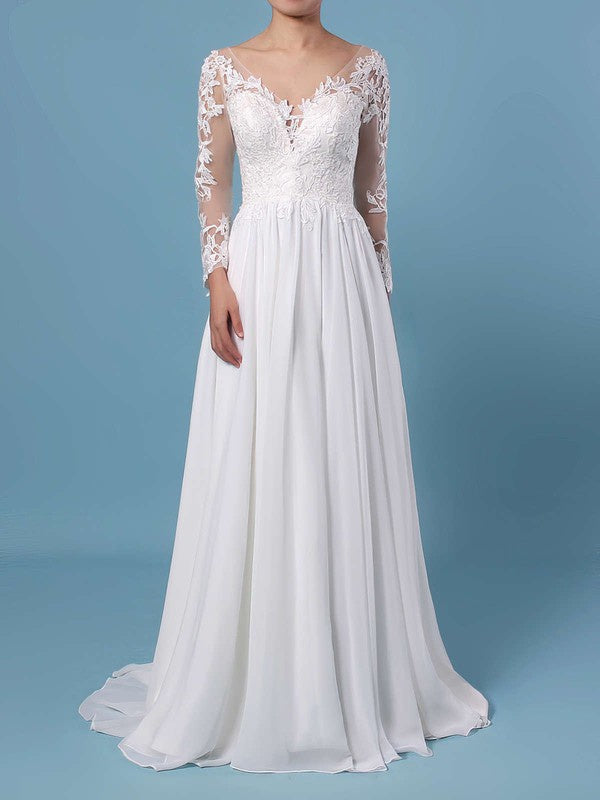 Elegant A-Line V-Neck Long Sleeves Chiffon Sweep Train Wedding Dresses with Ruffles