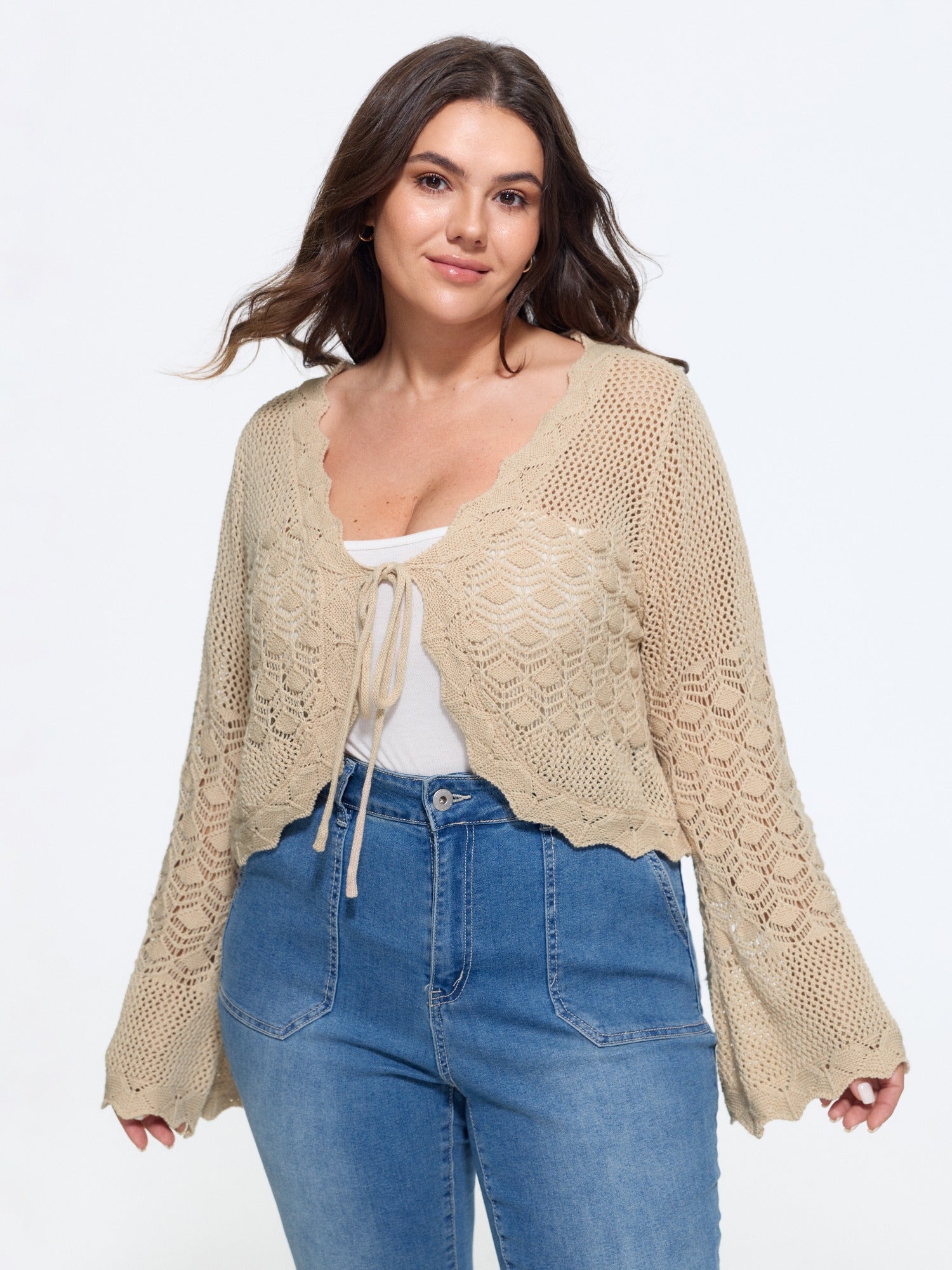 Scallop Trim Drawstring Flare Sleeve Hollow Cardigan