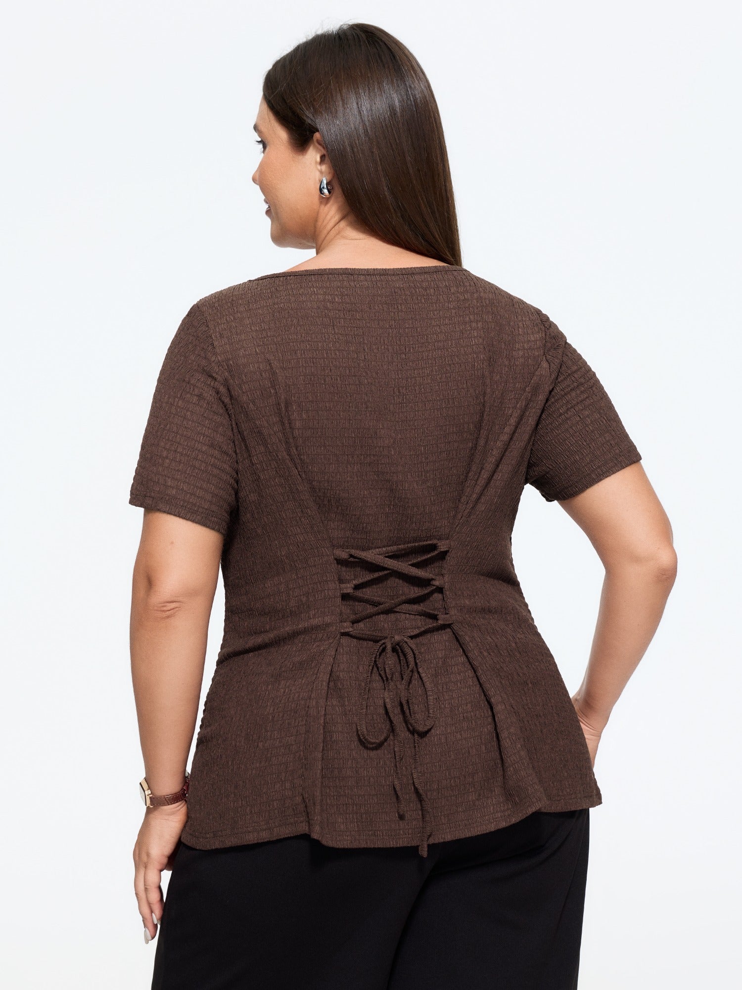Textured Round Neck Crisscross Lace‑Up Top
