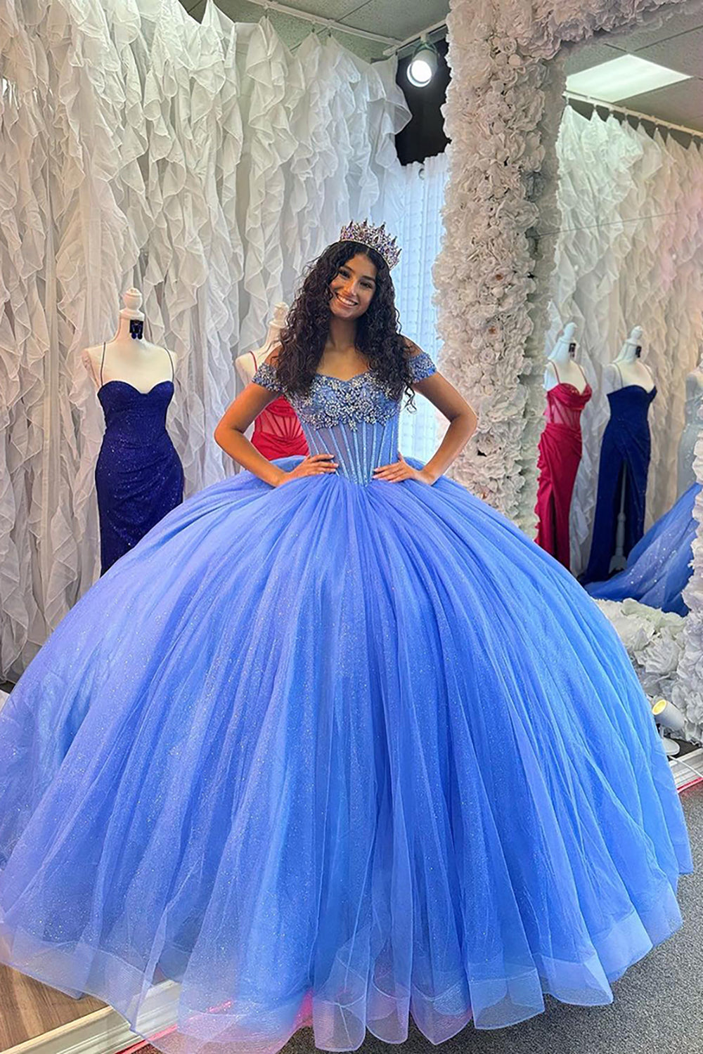 Blue Sparkle Off-Shoulder Tulle Quinceanera Gown with Beaded Details