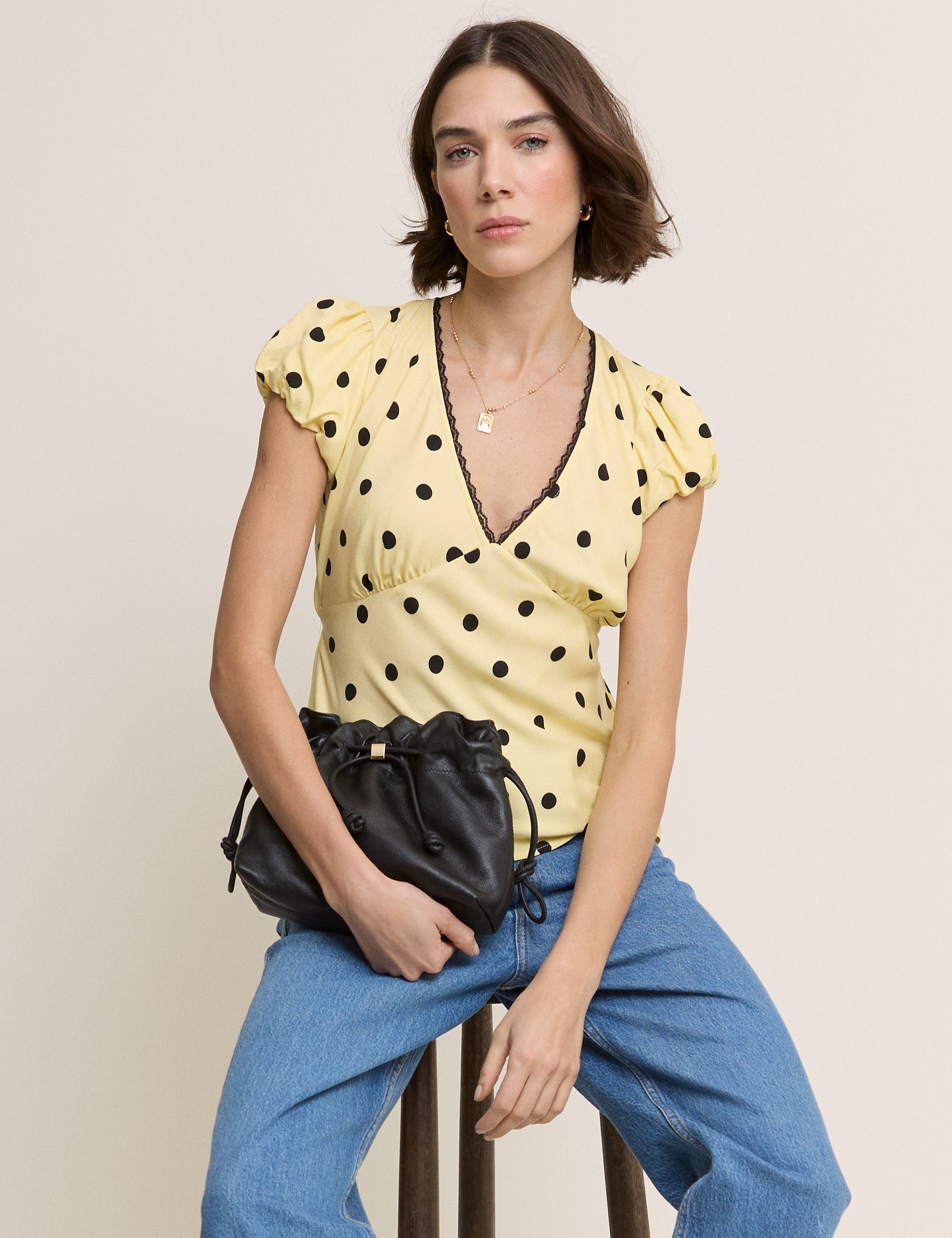 Yellow Polka Dot Lace Trim Top