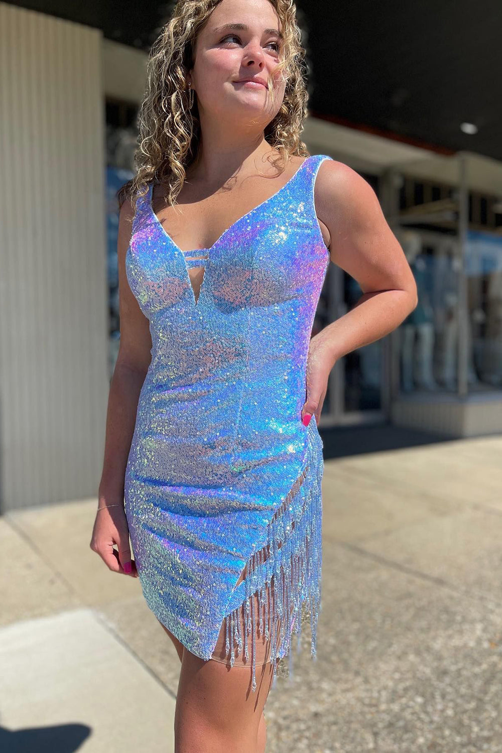 Sparkly Blue Sequins Tight Short Homecoming Dress/Mini Dress with Fringes
