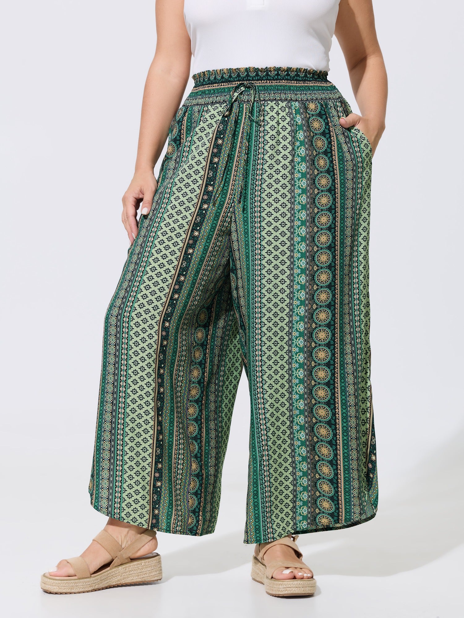 Boho Print Shirred Waist Wide-Leg Pants