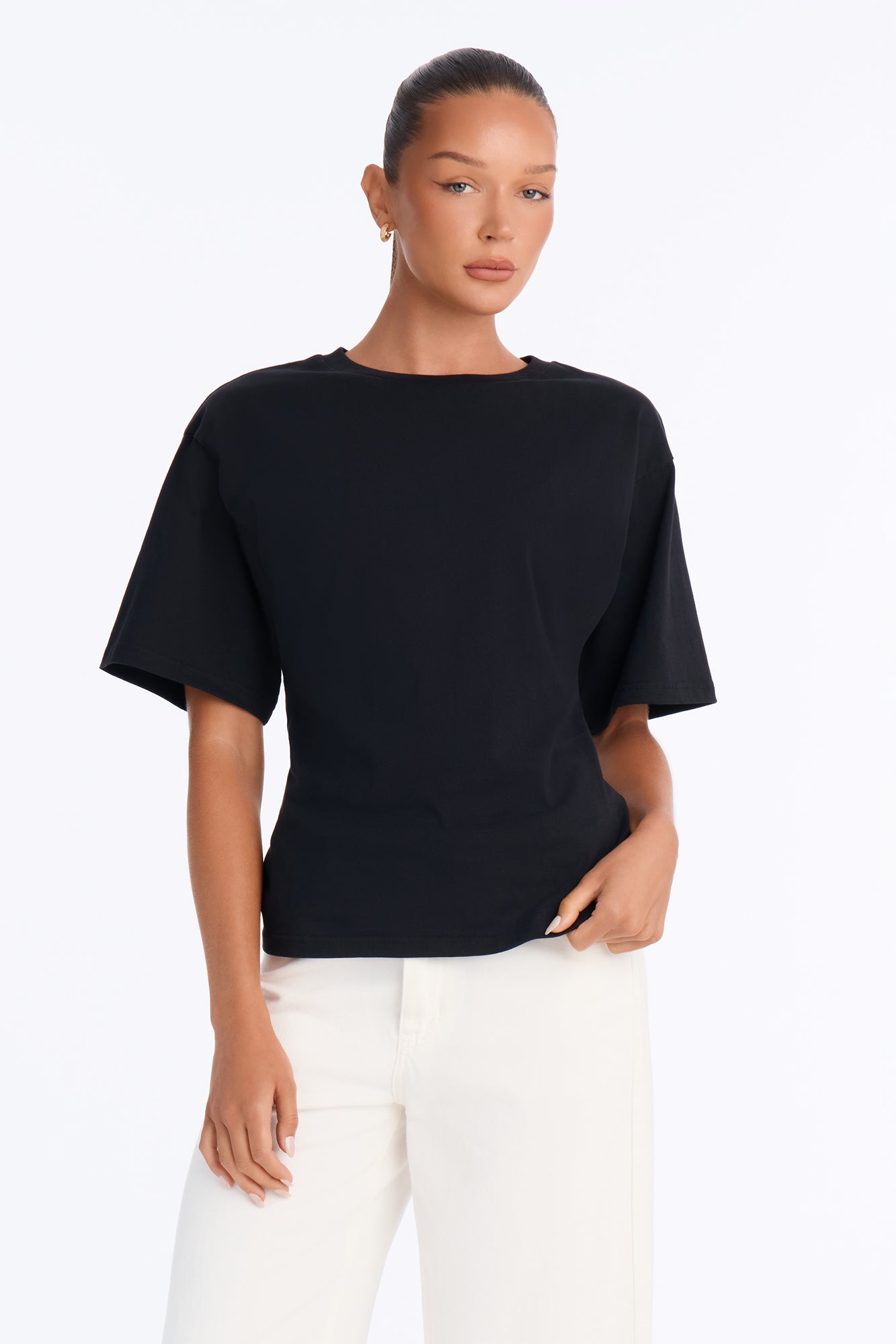 100% Premium Cotton Cinched Waist Crew T-Shirt - Black