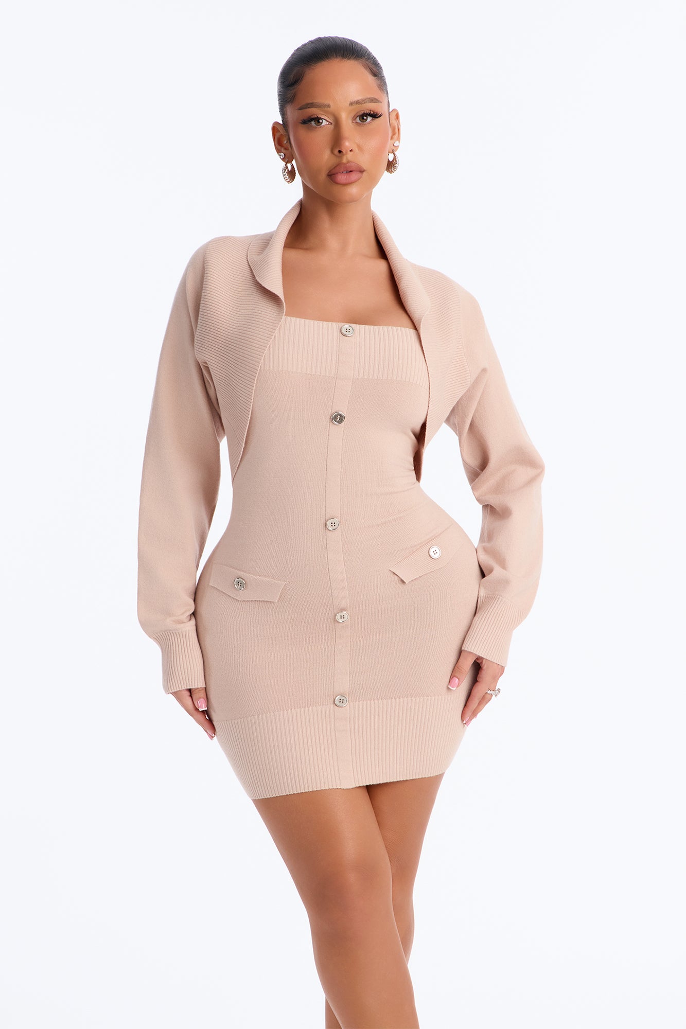 Amara Strapless Sweater Mini Dress Set - Taupe