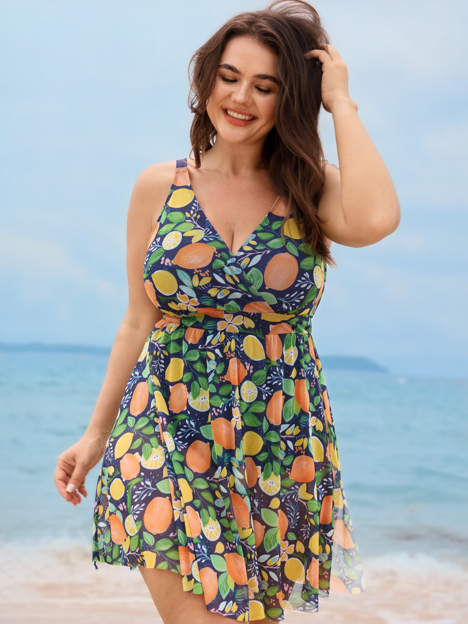 Citrus Print Split Hem Swim Dress