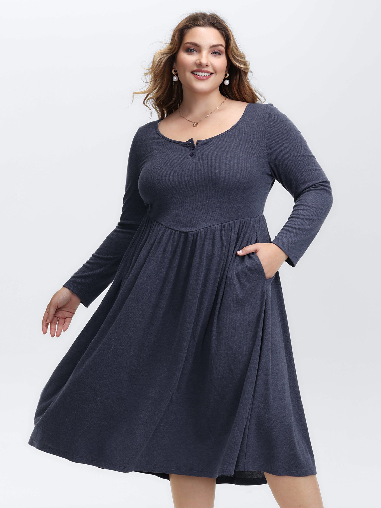 Stretchy Waist Scoop Neck Knit Midi Dress