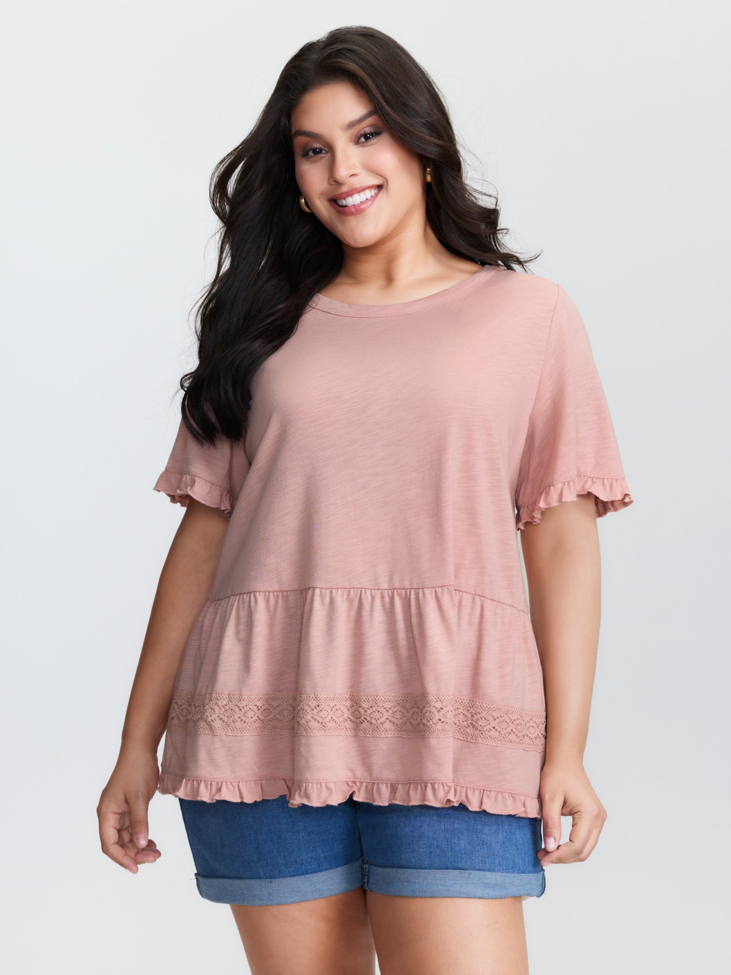 Lace Trim Ruffled Hem Plain Knit Top