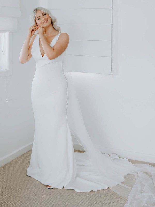 Sexy Deep V-Neck Sleeveless Stretch Satin Court Train Wedding Dresses