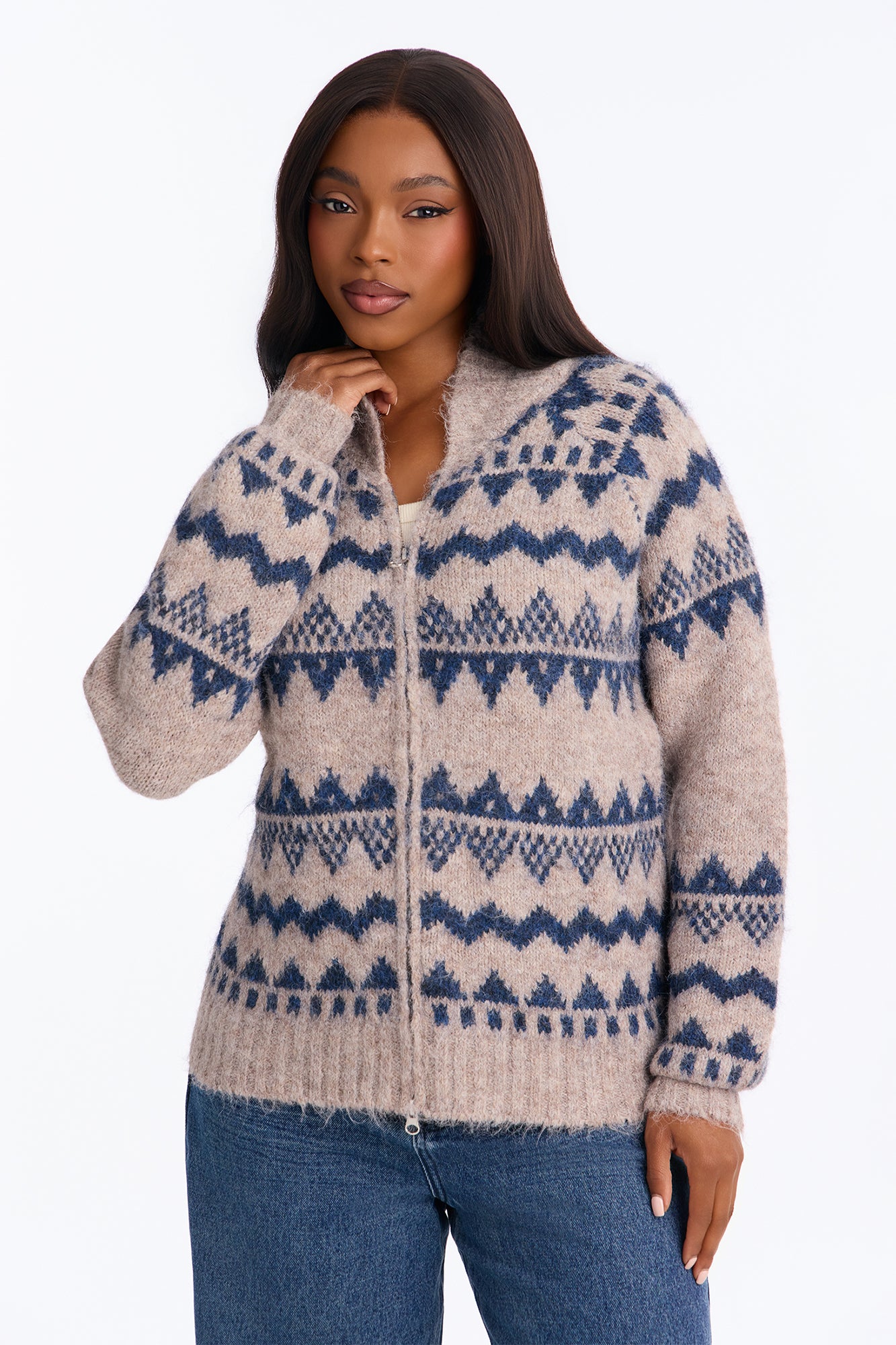 Country Winds Front Zip Cardigan Sweater - Taupe/combo