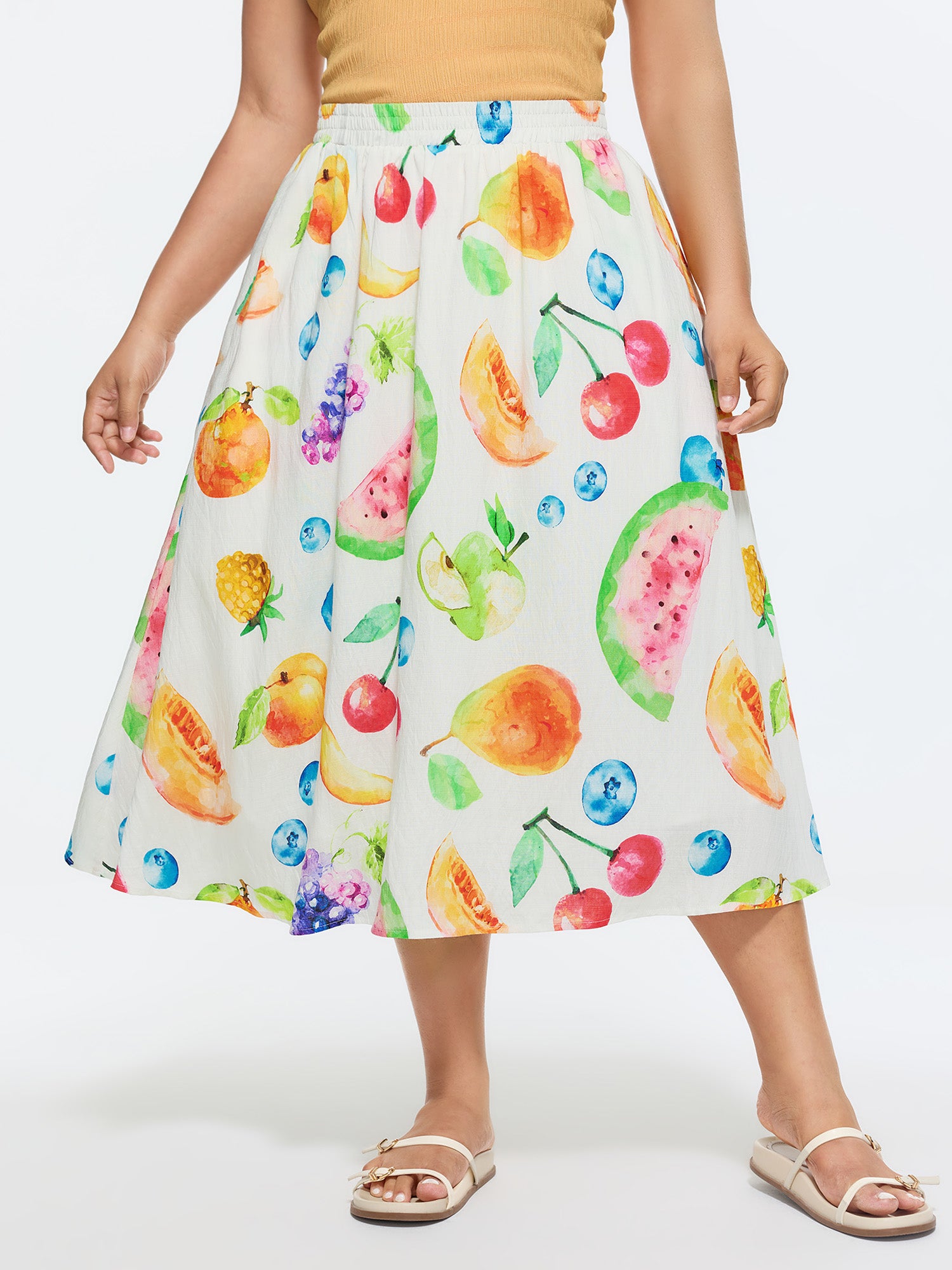 Cotton Fruit Print Shirred Waist Maxi Skirt