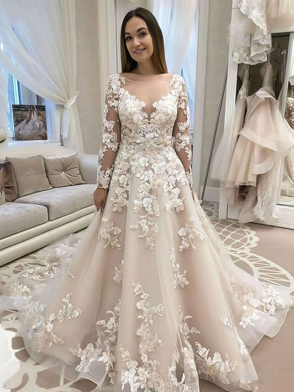 Beautiful Long Sleeves Lace Chapel Train Wedding Dresses with Appliques