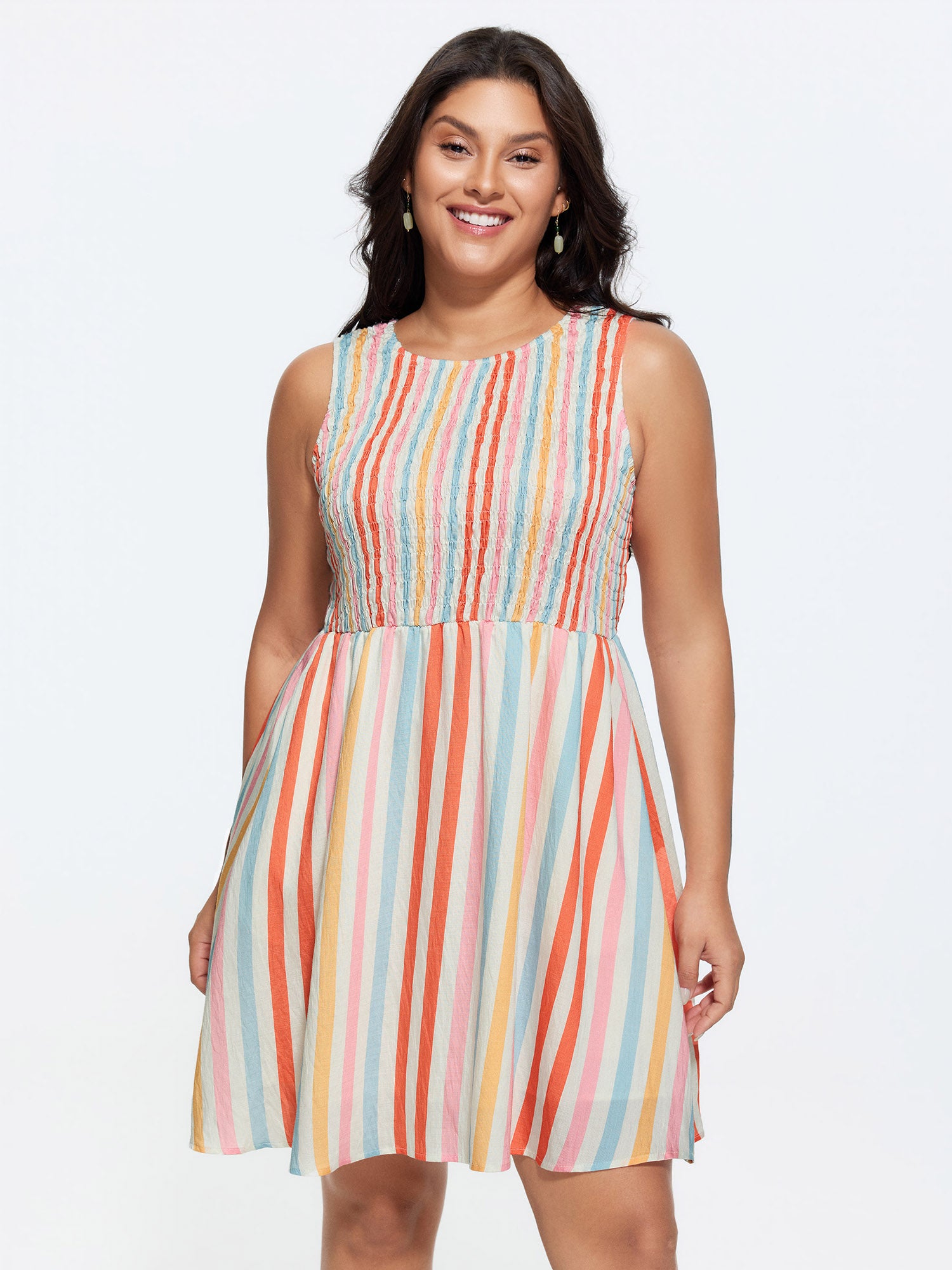 Colorful Striped Print Shirred Mini Dress