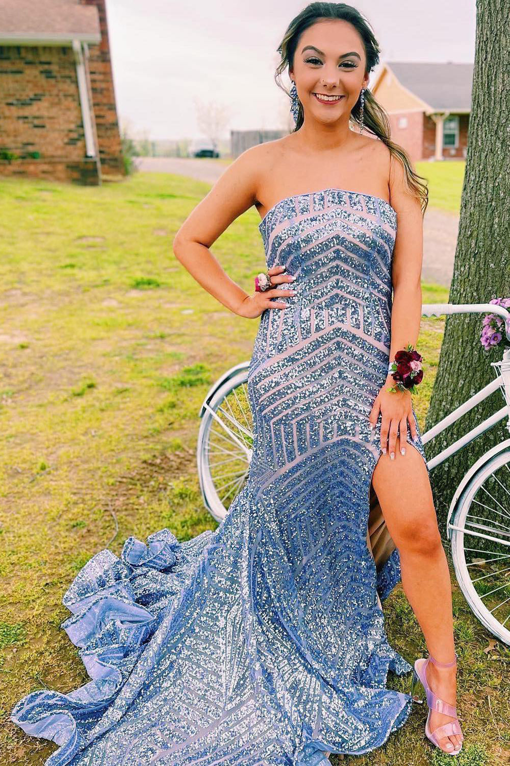 Long Strapless Prom Dress with Sky Blue Sequins