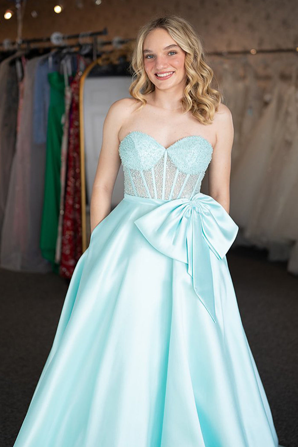 Long A-Line Prom Dress in Light Green Satin with Corset and Bow