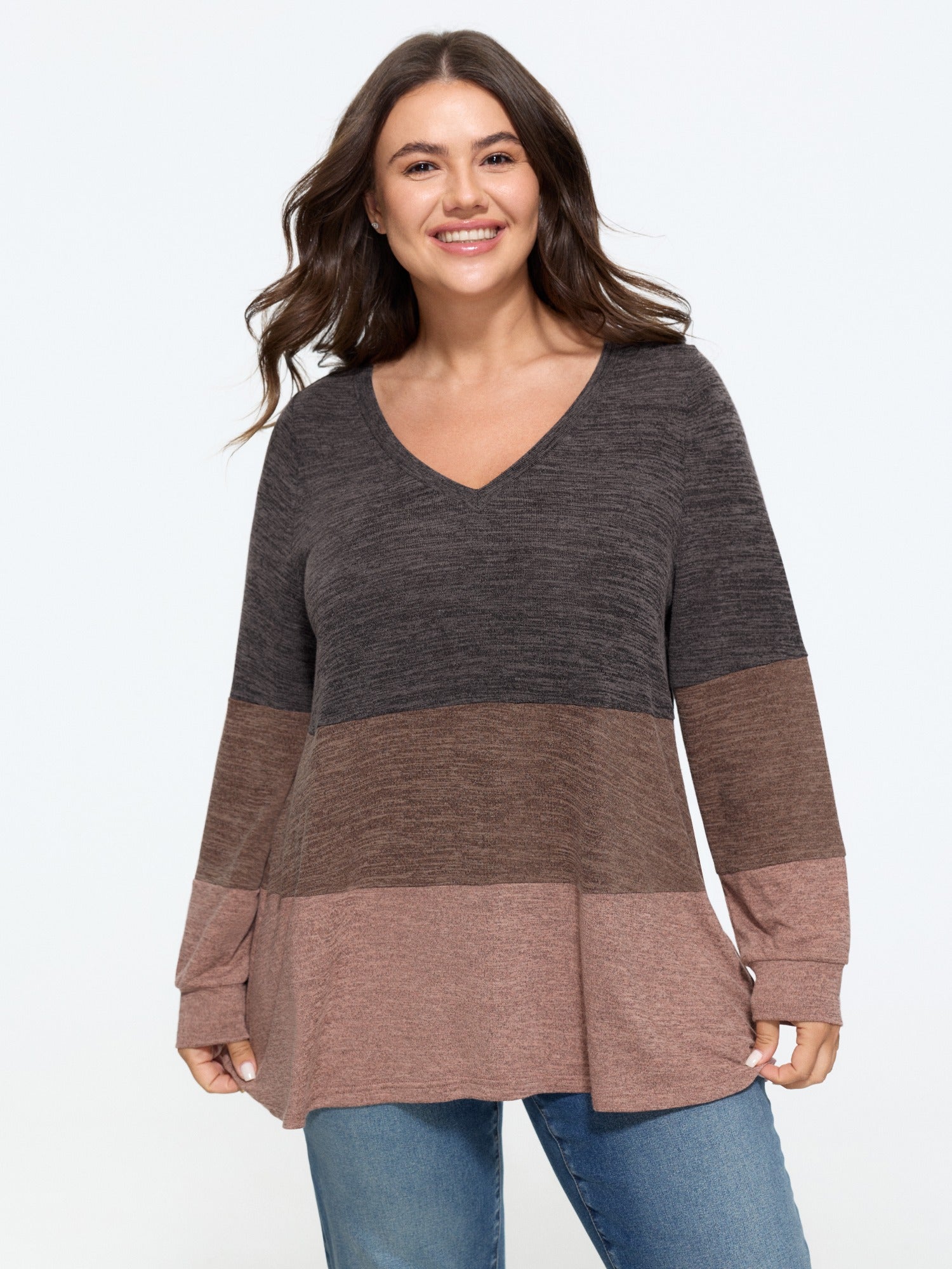 Color Block V Neck Long Sleeve T-Shirt