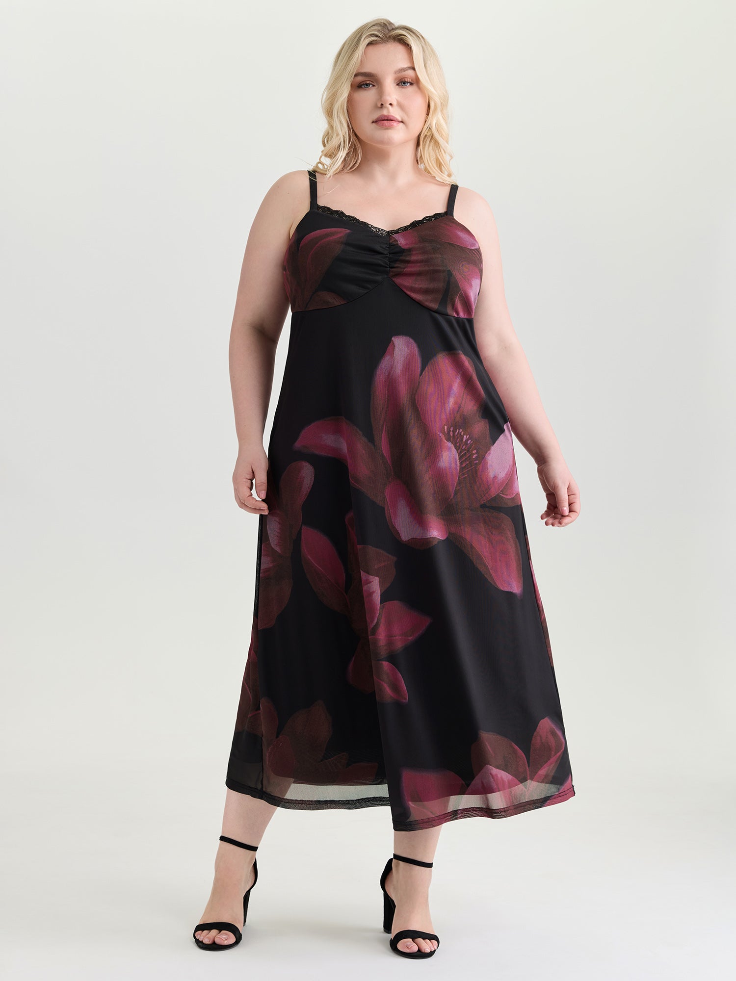 Floral Print Ruched Cami Midi Dress
