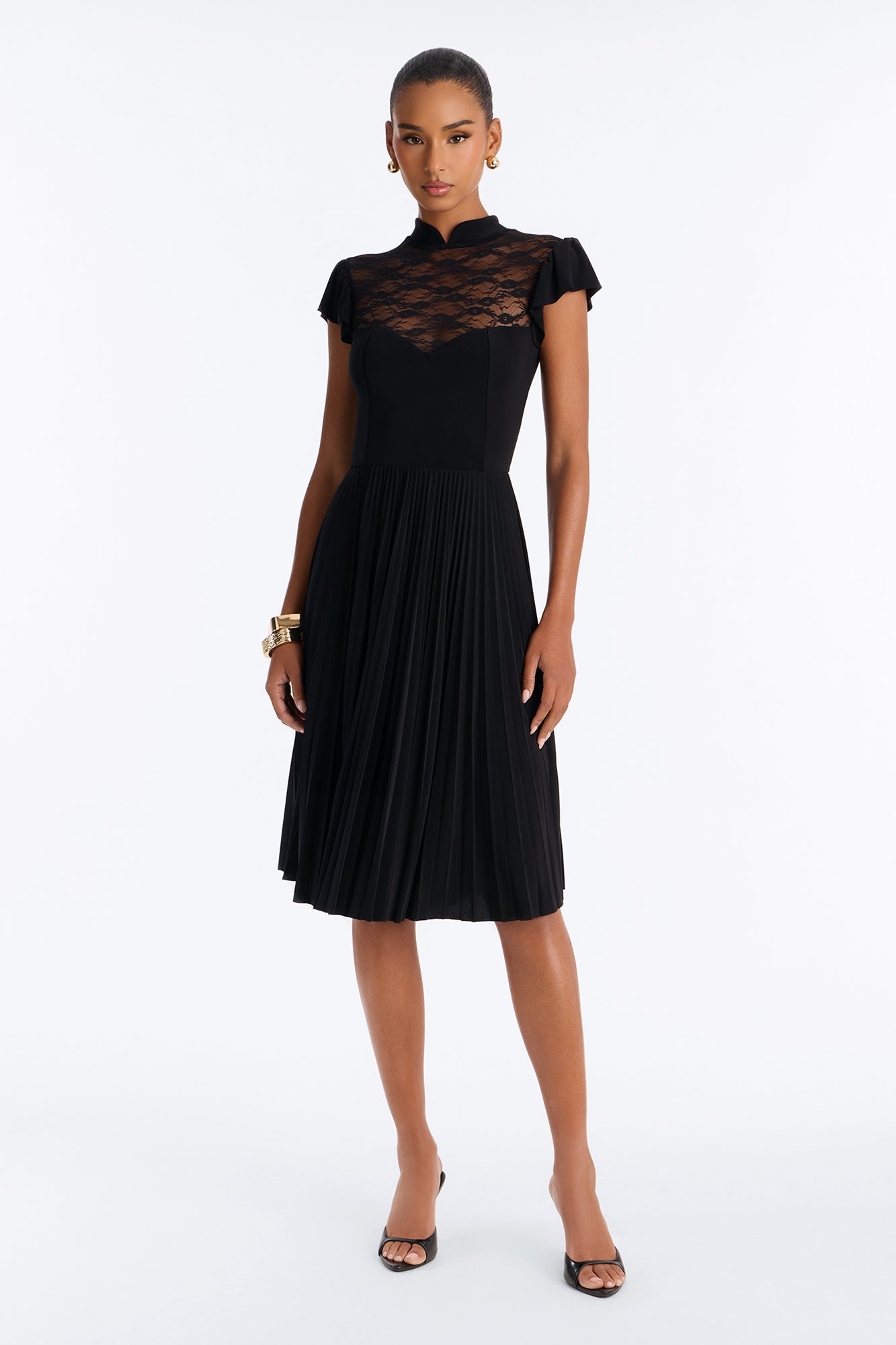 Lila Lace Pleated A Line Midi Dress - Black