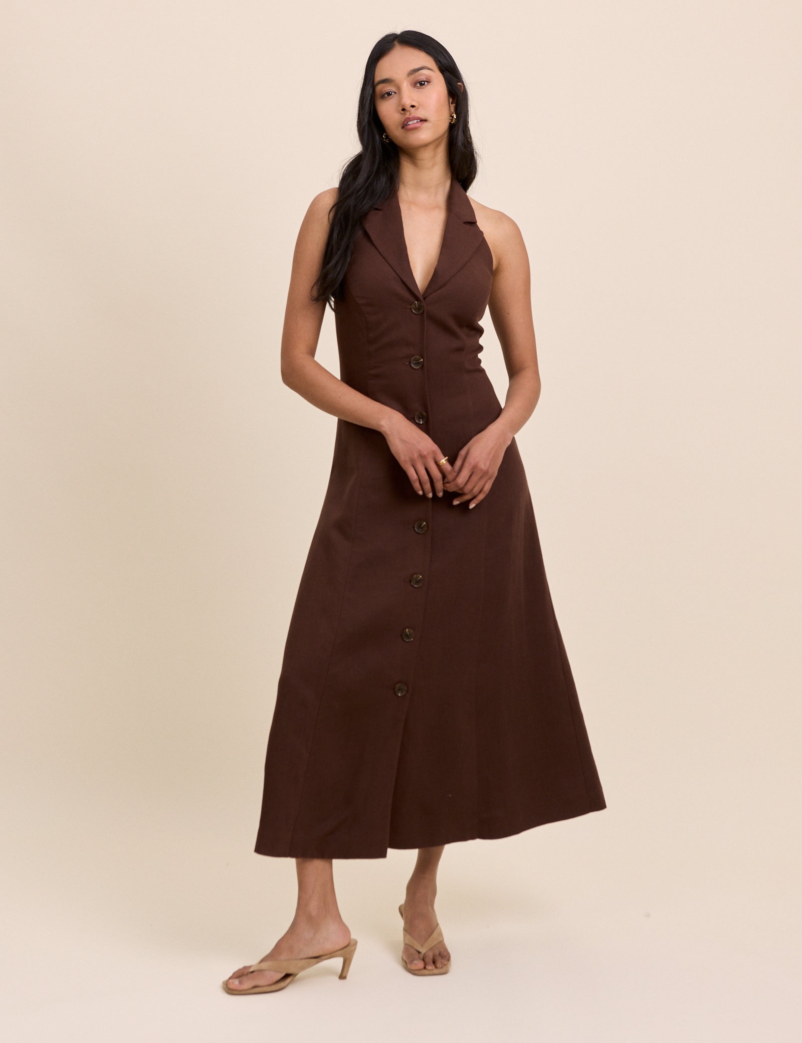 Brown Halterneck Midi Dress