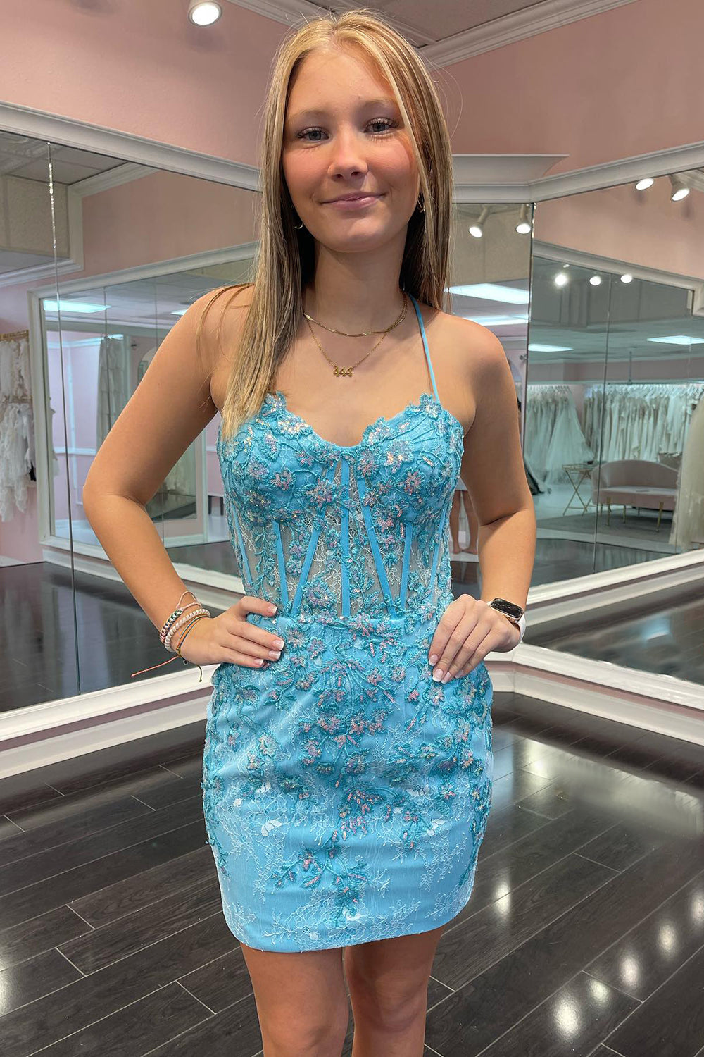 Sparkly Blue Corset Floral Tight Short Homecoming Dress/Mini Dress with Lace